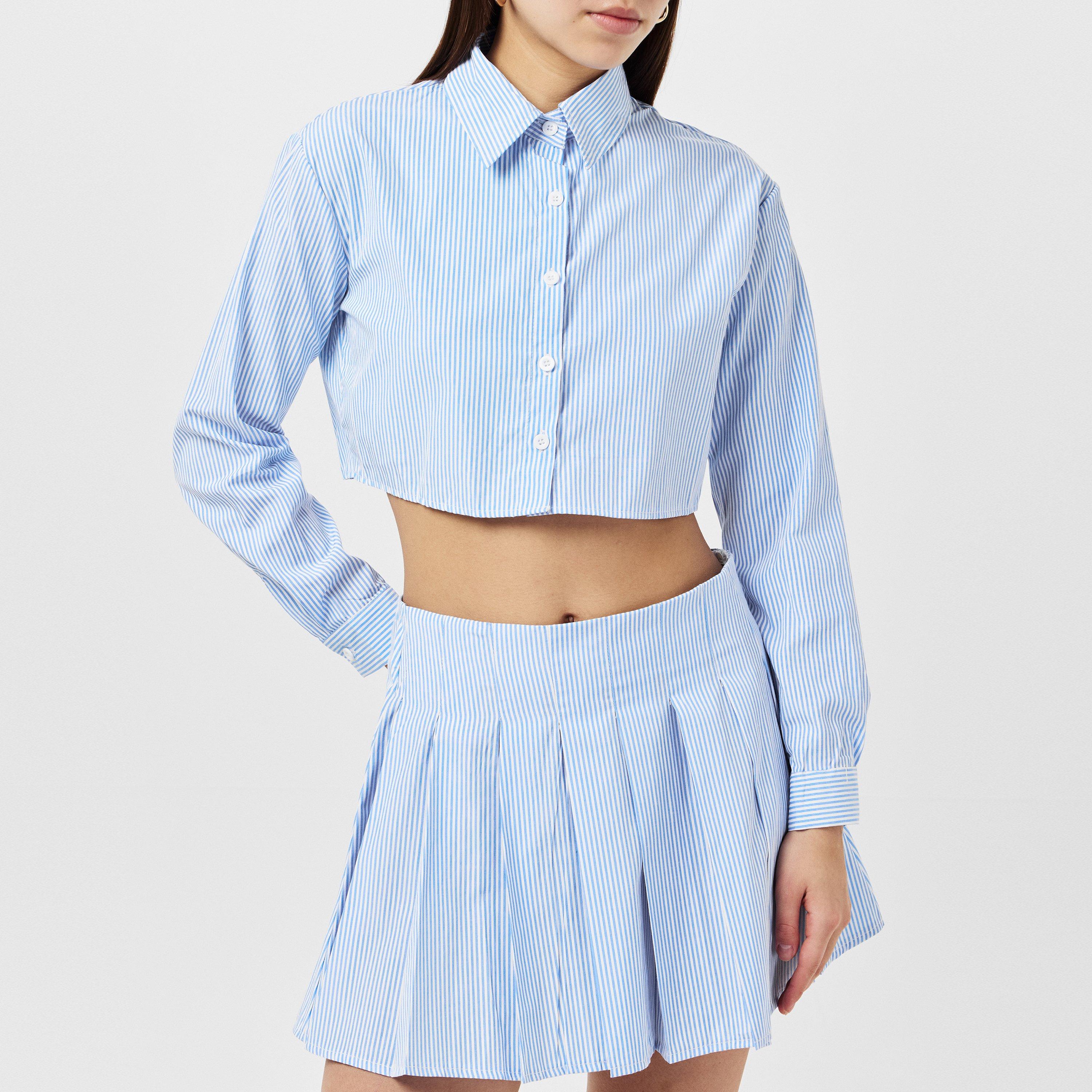 Blauw - Missy Empire - Stripe Cotton Cropped Shirt Womens - 3