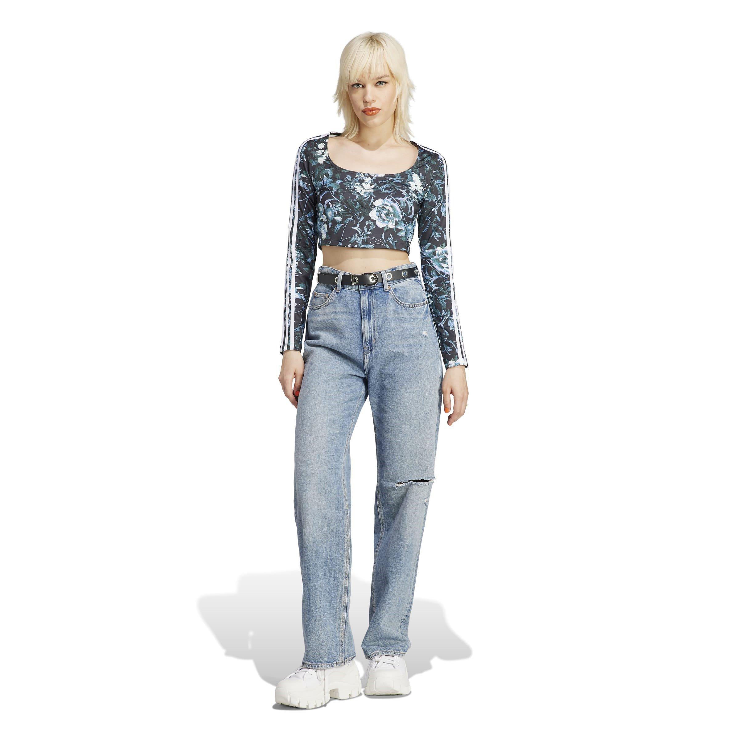Negro - adidas Originals - Flower All Over Print Long-Sleeve Crop Top - 4