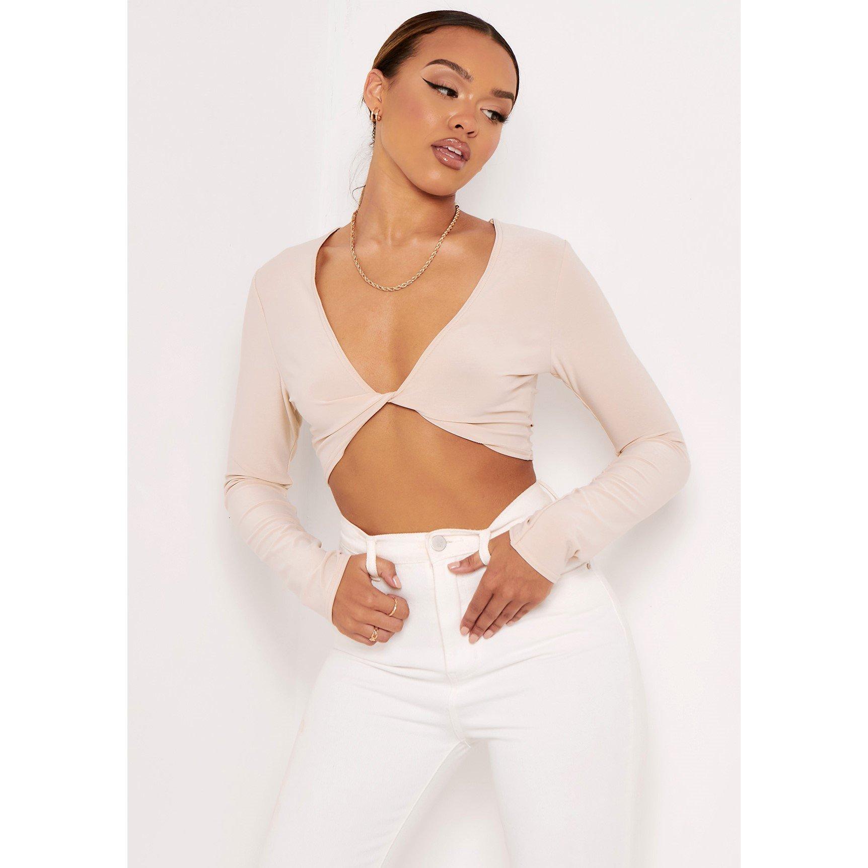 Champagne - Missy Empire - Twist Front Long Sleeve Crop Top
