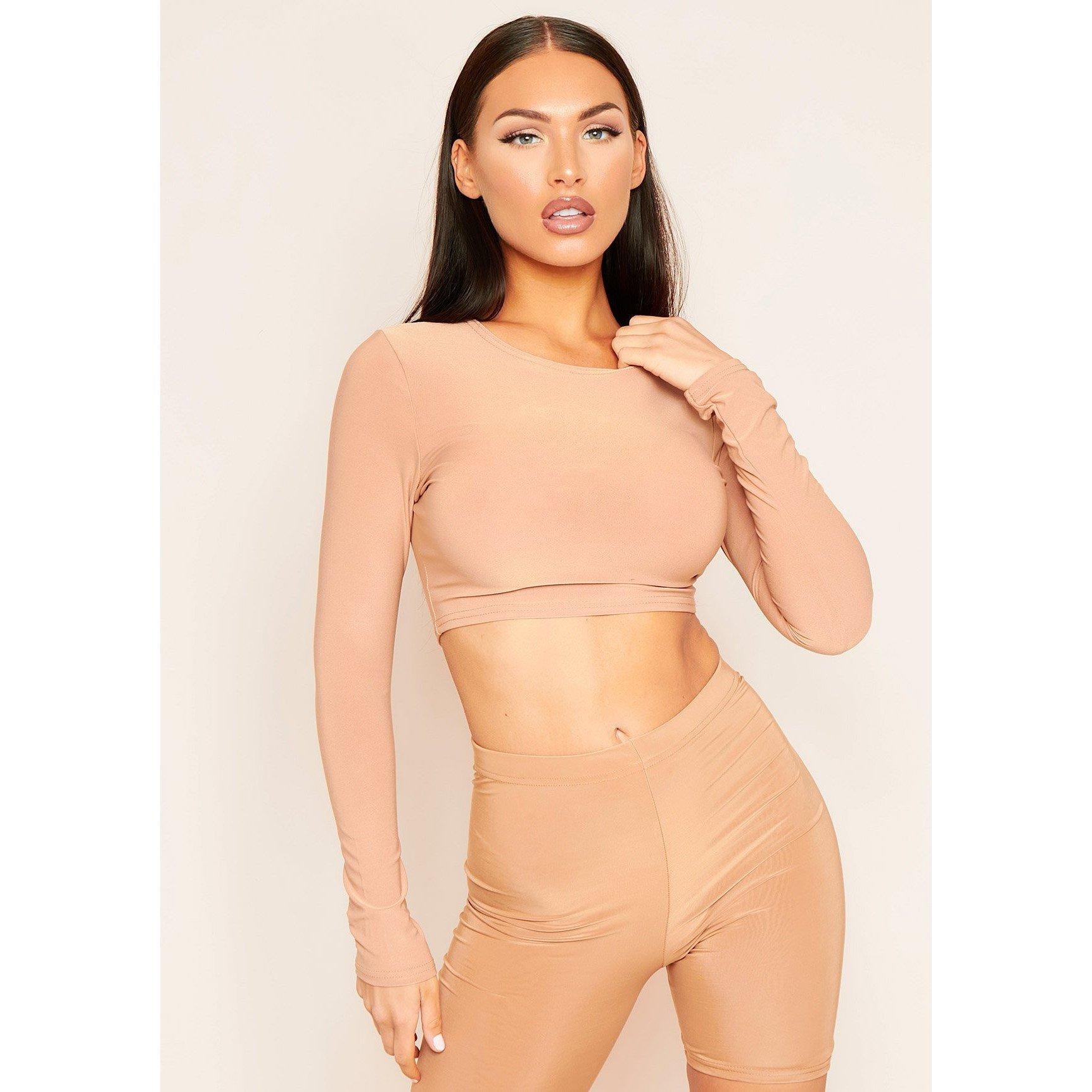 Camel - Missy Empire - Long Sleeve Crew Neck Smooth Crop Top