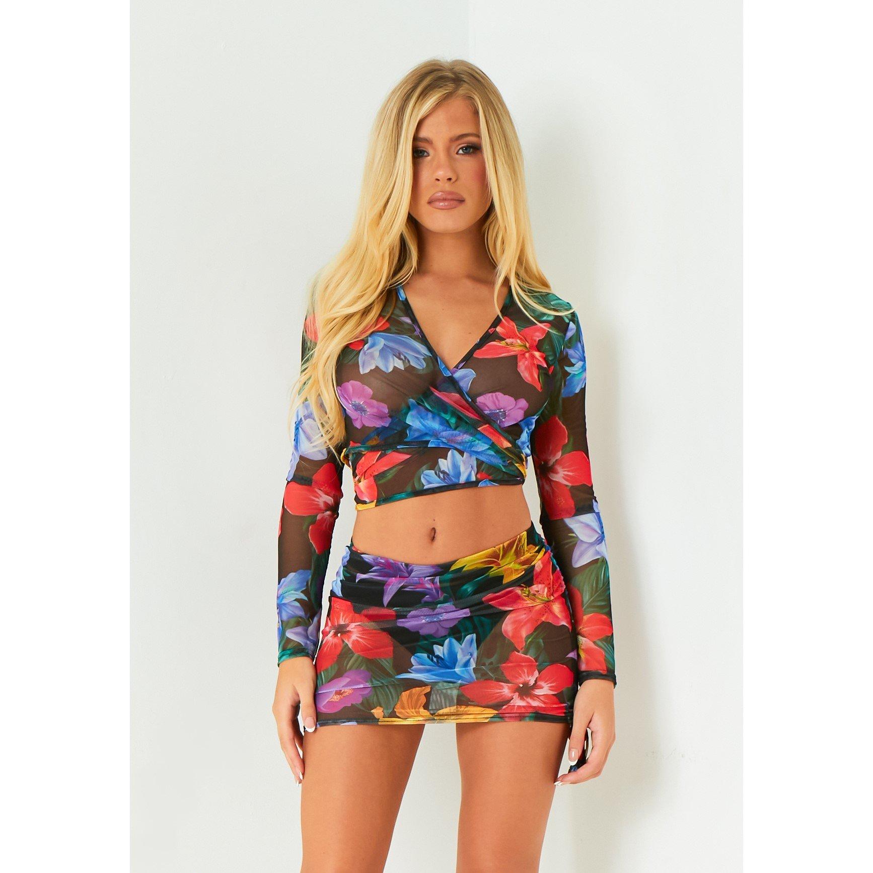 Black - Missy Empire - Floral Tie Front Beach Top