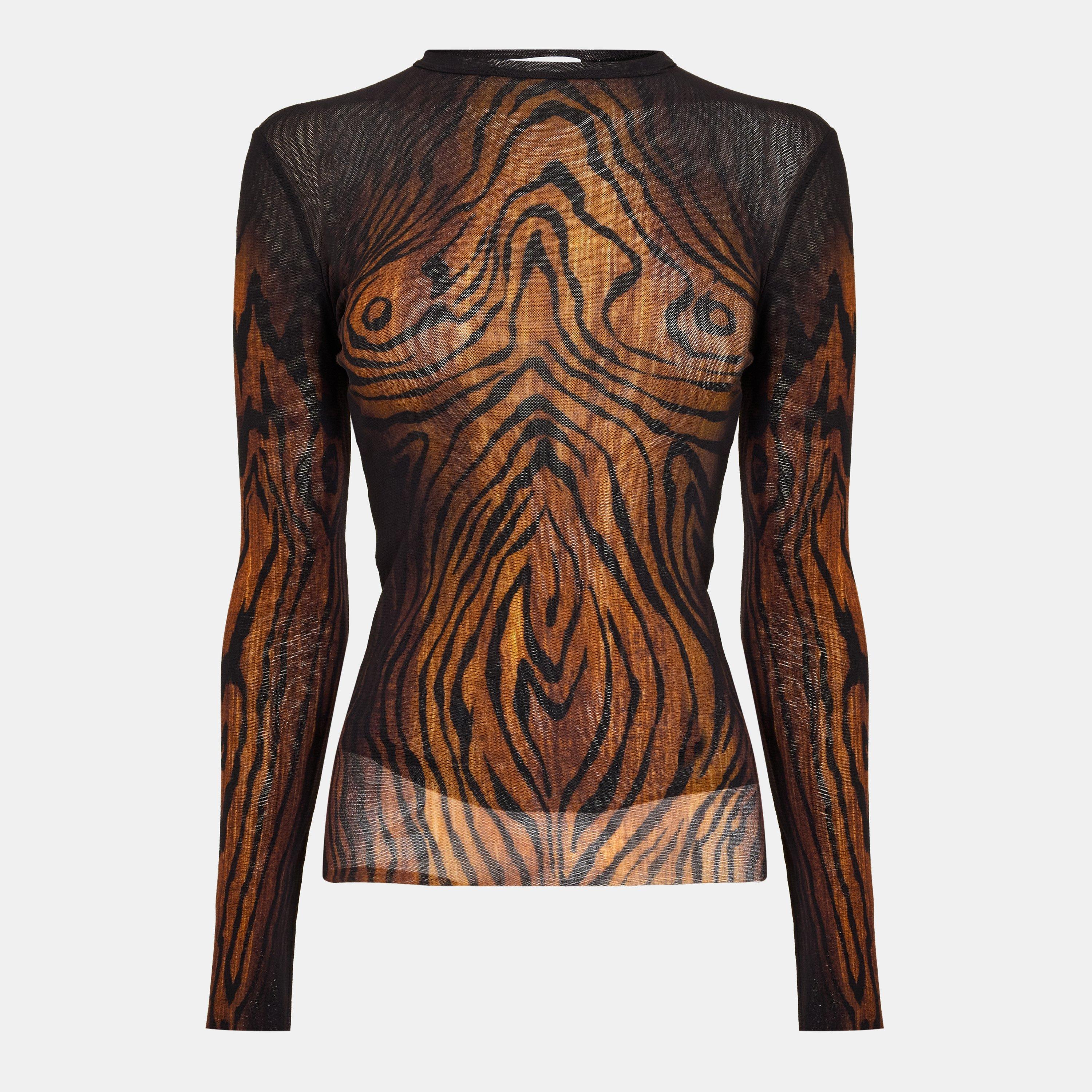Black/Brwn - Jean Paul Gaultier - Women's Mesh Printed Long Sleeve Crop Top - 1