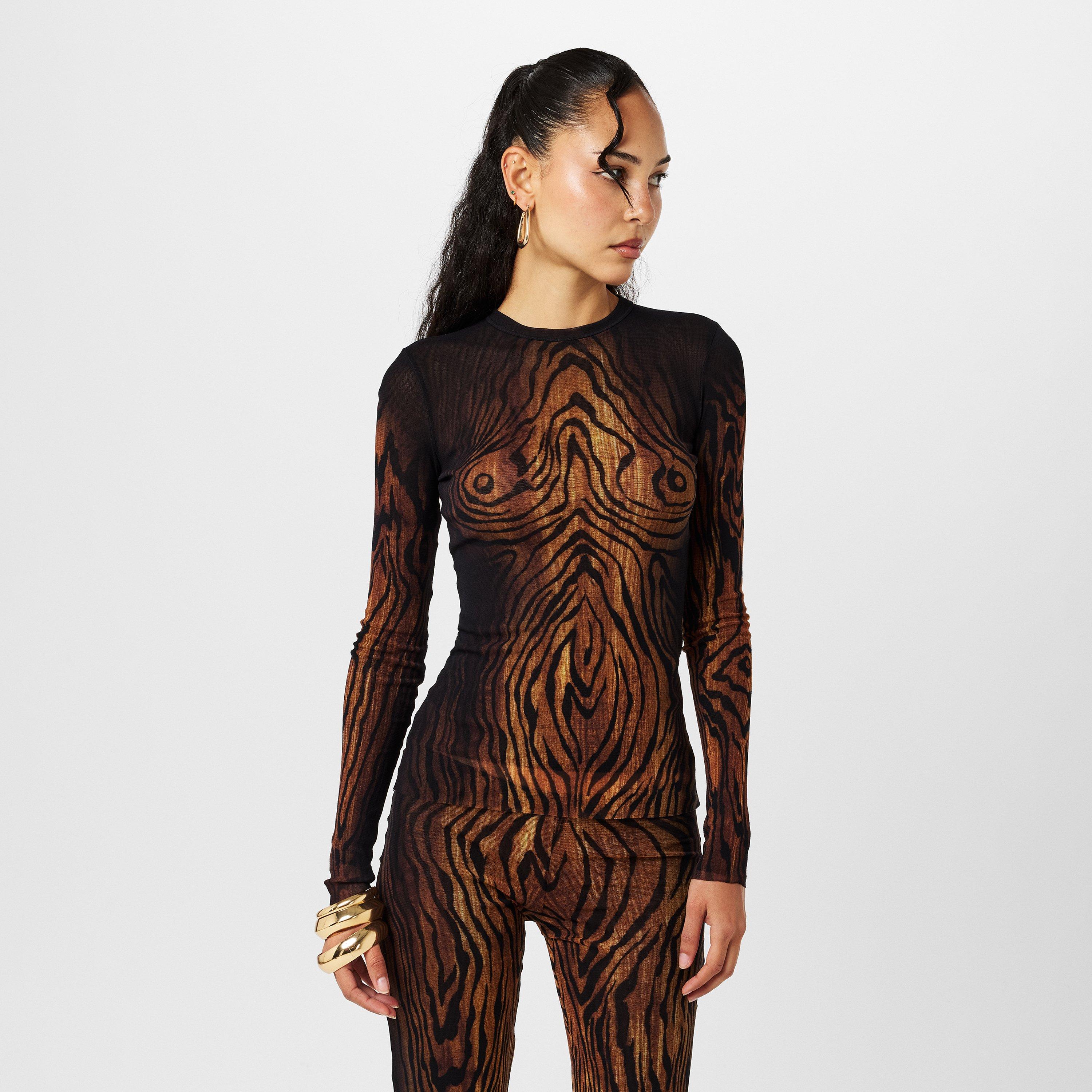 Black/Brwn - Jean Paul Gaultier - Women's Mesh Printed Crop Top - 3