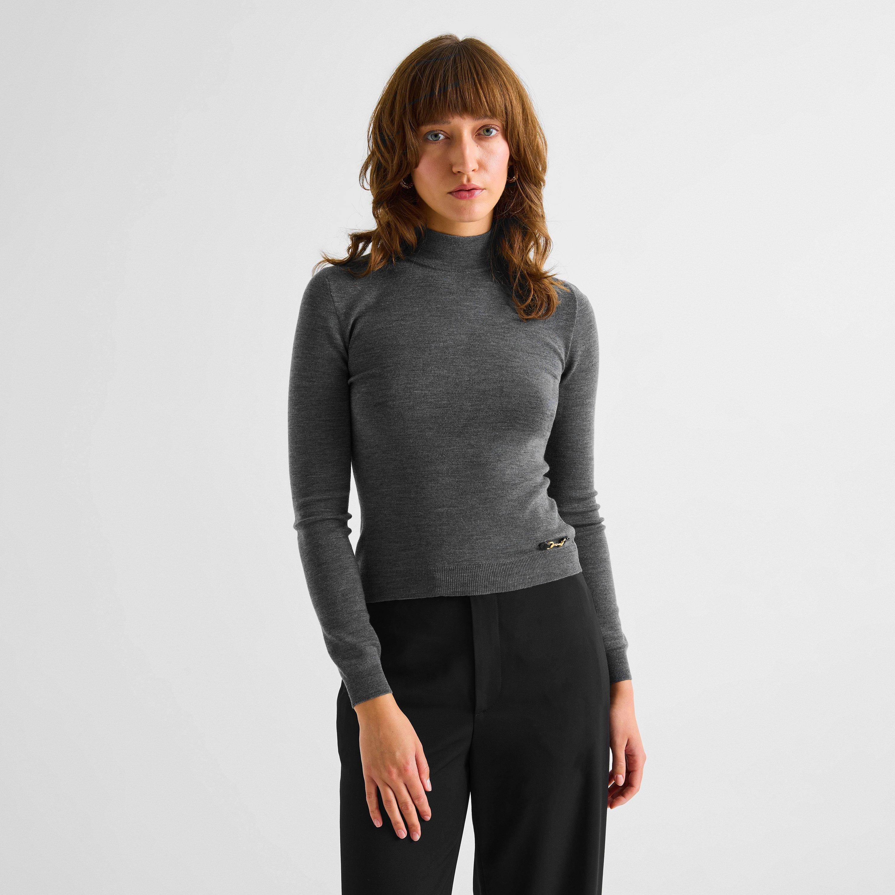 Dark Grey - Gucci - Women's Mock-Neck Wool Jumper - 3