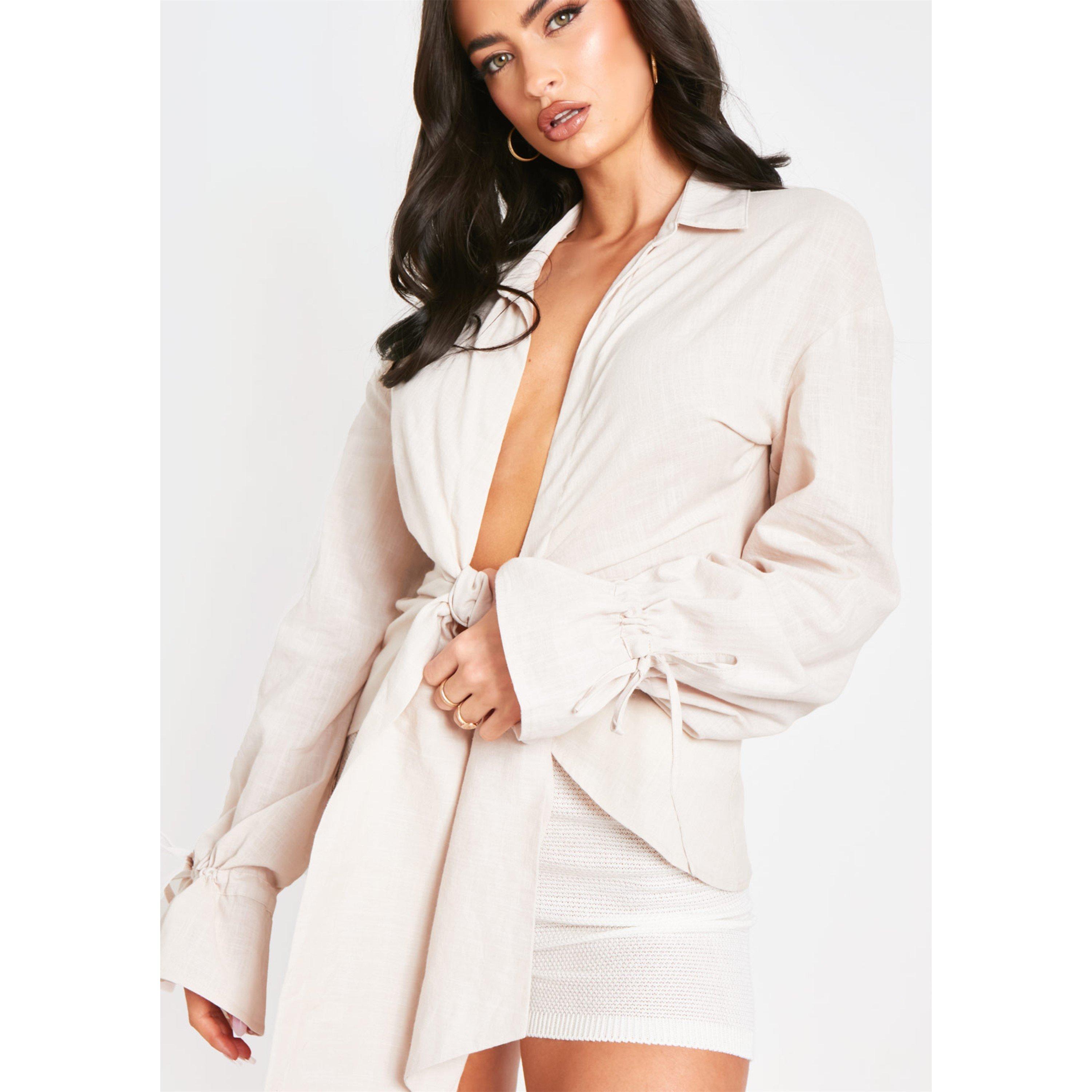 Missy Empire 【 Linen Tie Front Shirt Women 】 ファッション レディースファッション トップス その他トップス レディー Missy Empire | Linen Tie Front Shirt | Long Sleeve Crop Tops