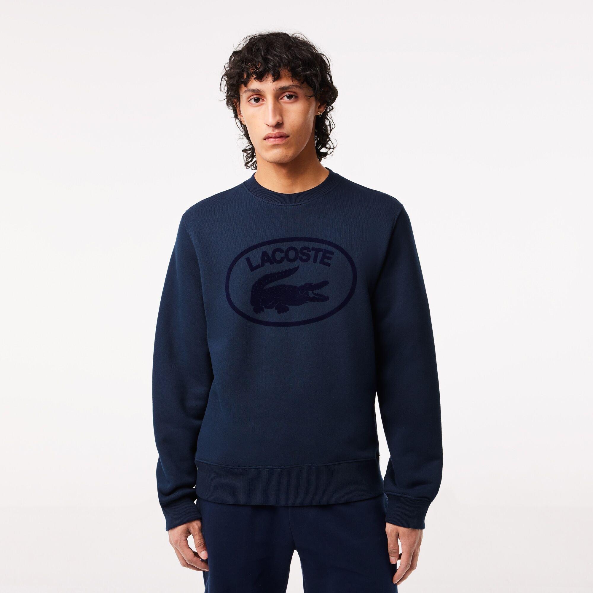 Lacoste Men's Navy Blue/Flour Logo Crew Neck Jumper - XS