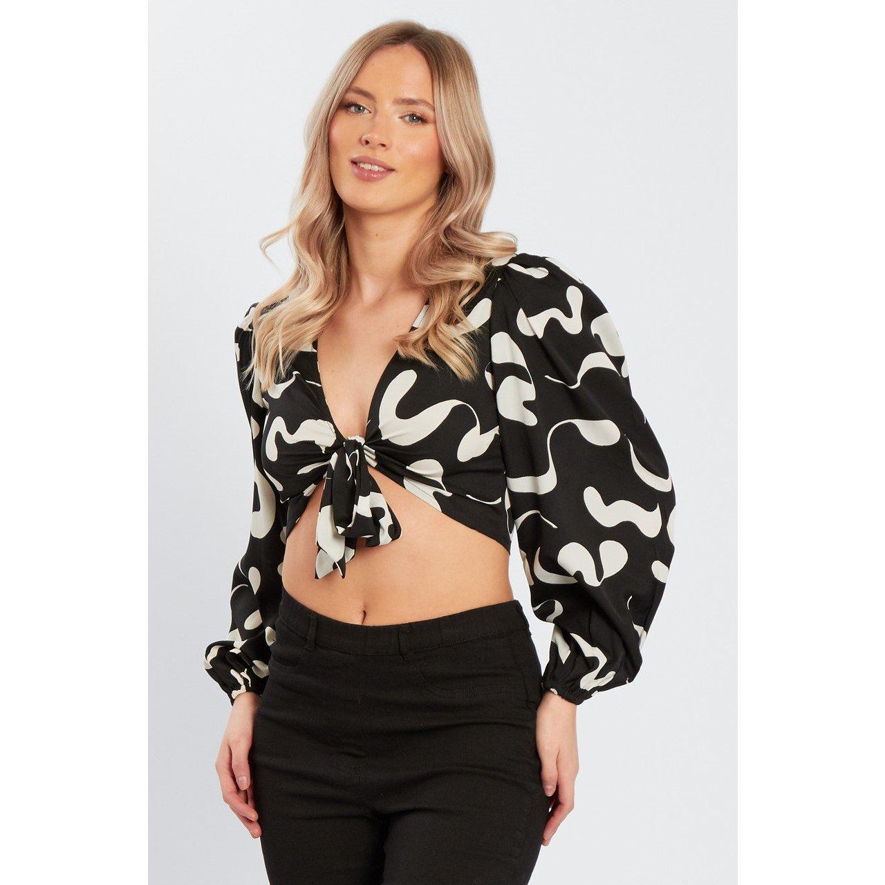 Influence Women's Tie Front Long-Sleeve Crop Top - Black - 12 (M)