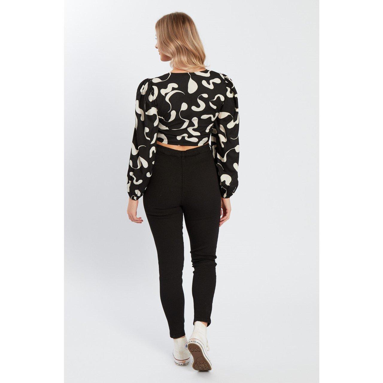 Black - Influence - Tie Front Long-Sleeve Crop Top - 2