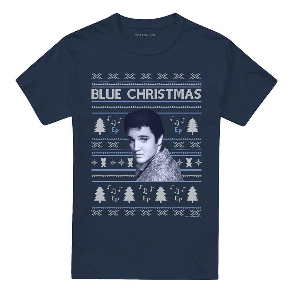 Navy - Elvis Presley - Elvis Blue Ugly Christmas Fair Isle T-Shirt Navy - 4