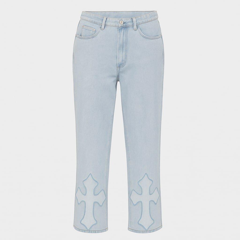 Blue - I Saw It First - Cross Embroidered Wide Leg Jean - 1