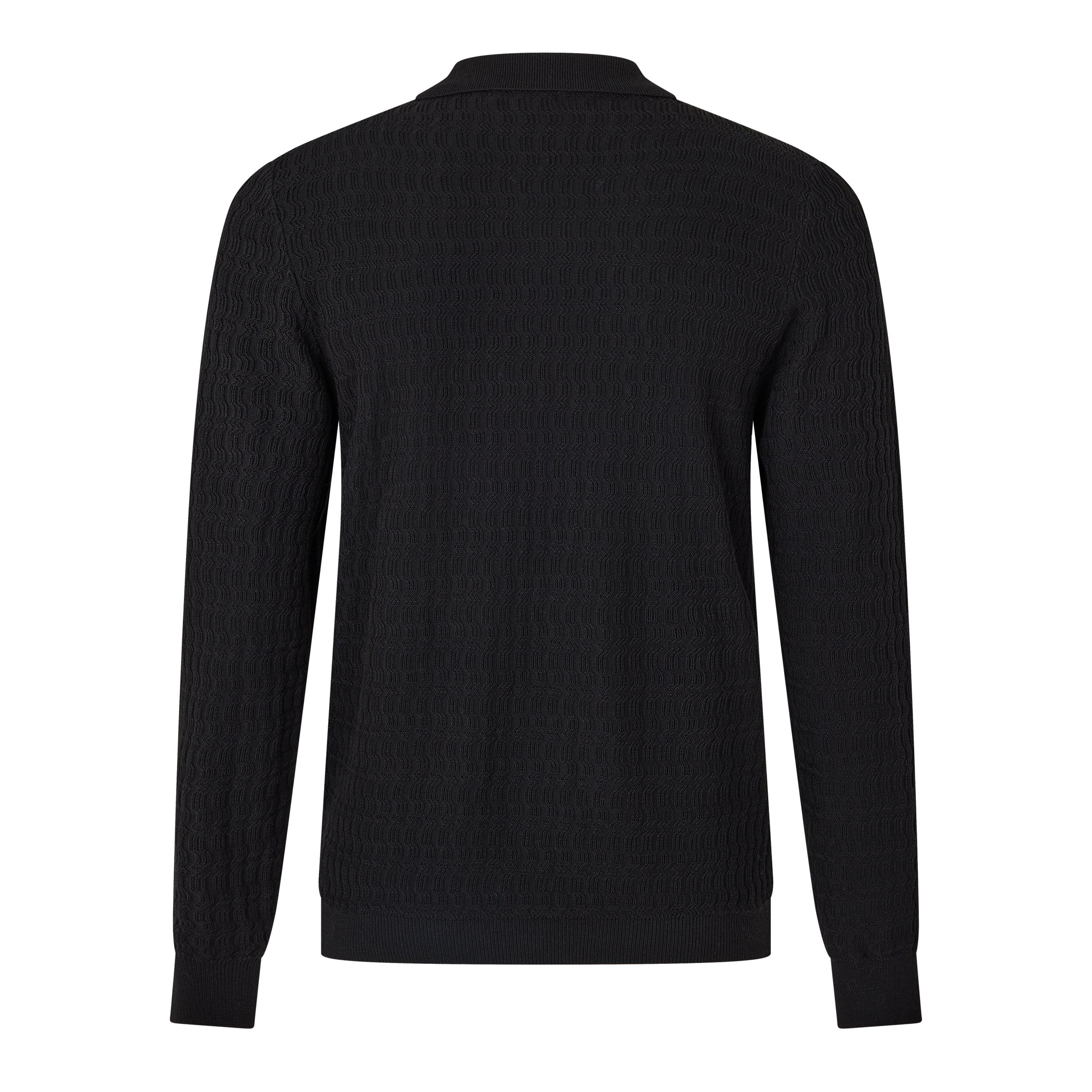 Black - BELIER - Men's Cotton Textured Knit Long-Sleeve Polo Shirt - 2