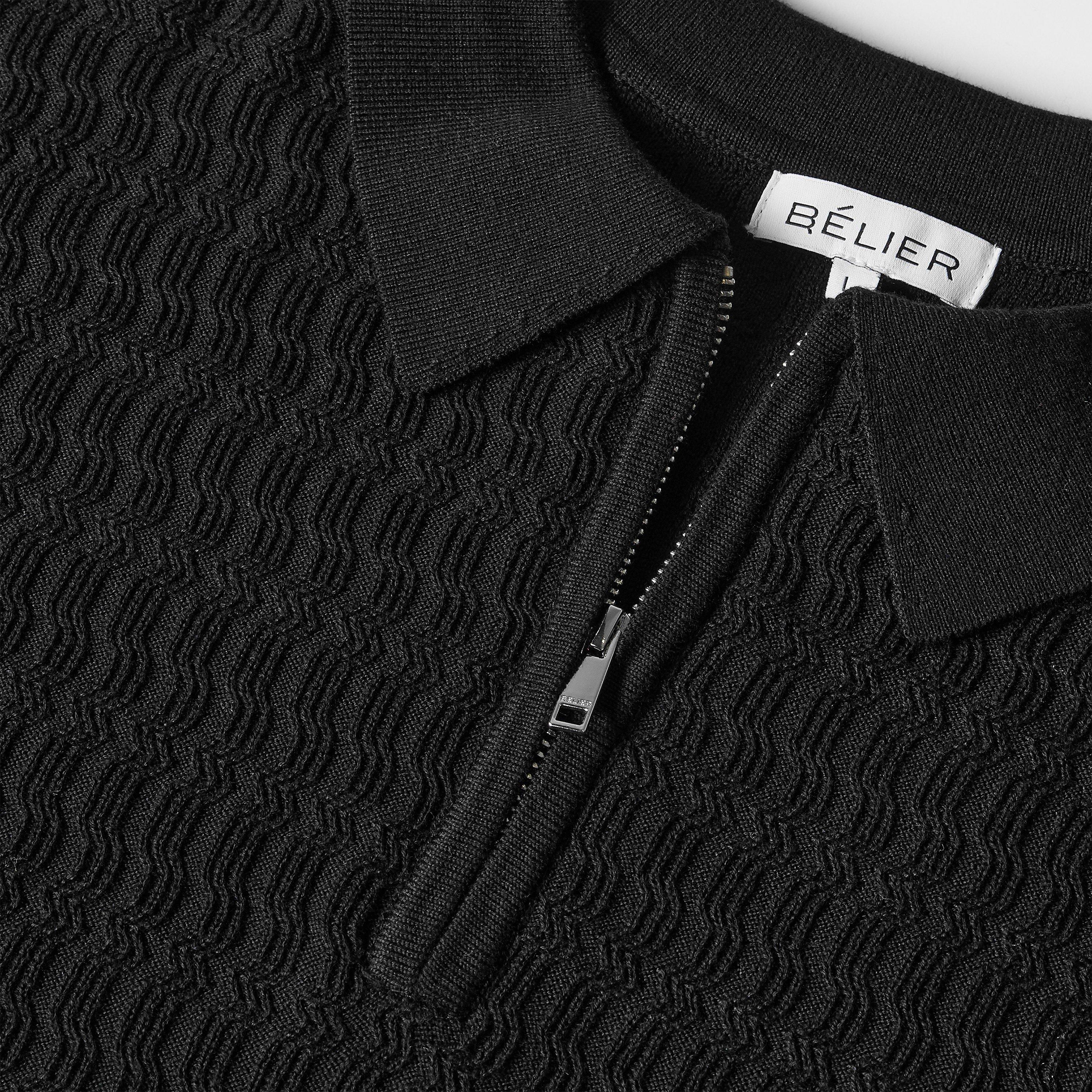 Black - BELIER - Men's Cotton Textured Knit Long-Sleeve Polo Shirt - 3