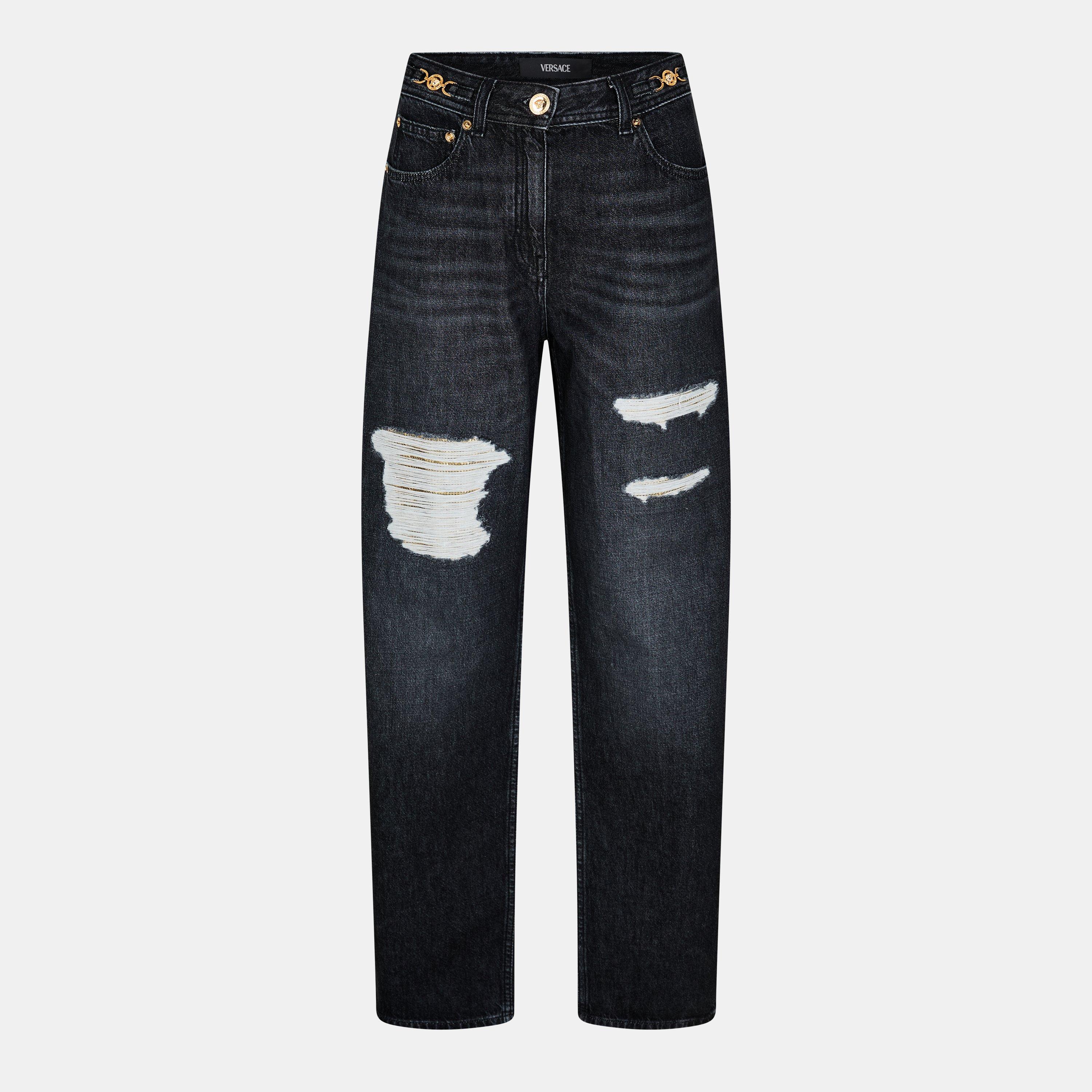 Black - Versace - Women's Structured Denim Wide Leg Jeans - 1