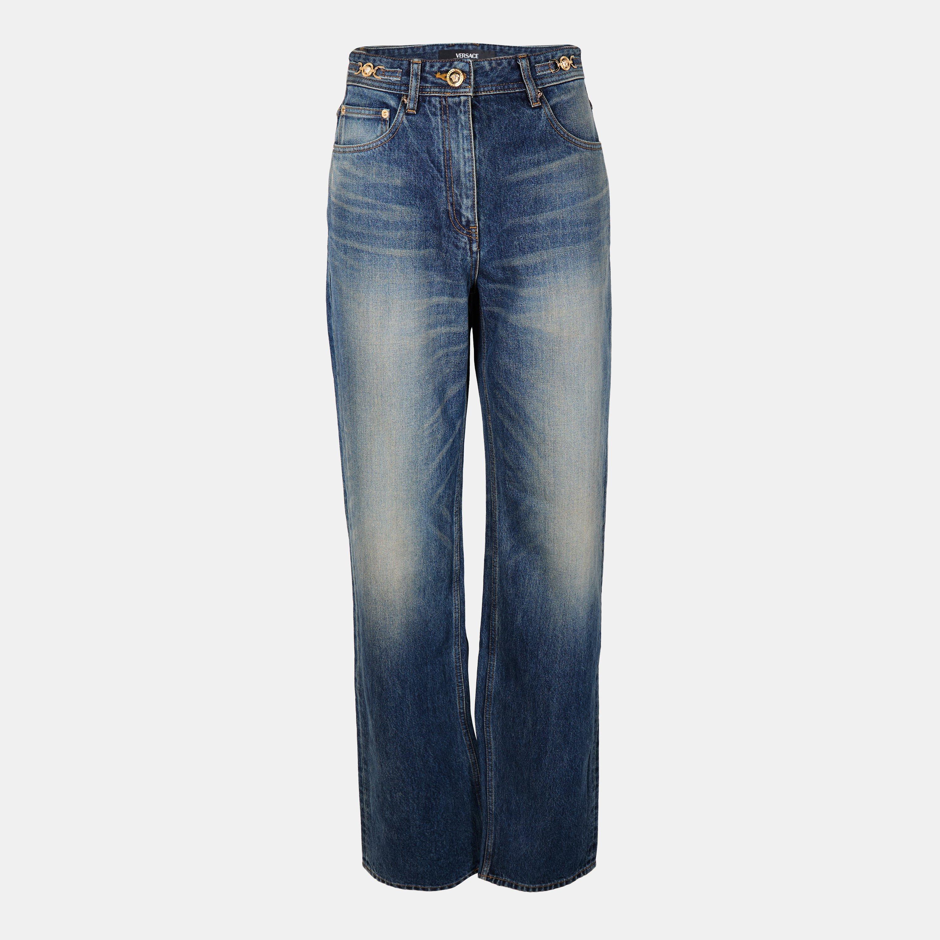 Med Blue - Versace - Women's Wide Structured Italian Denim Wide Leg Jeans - 1