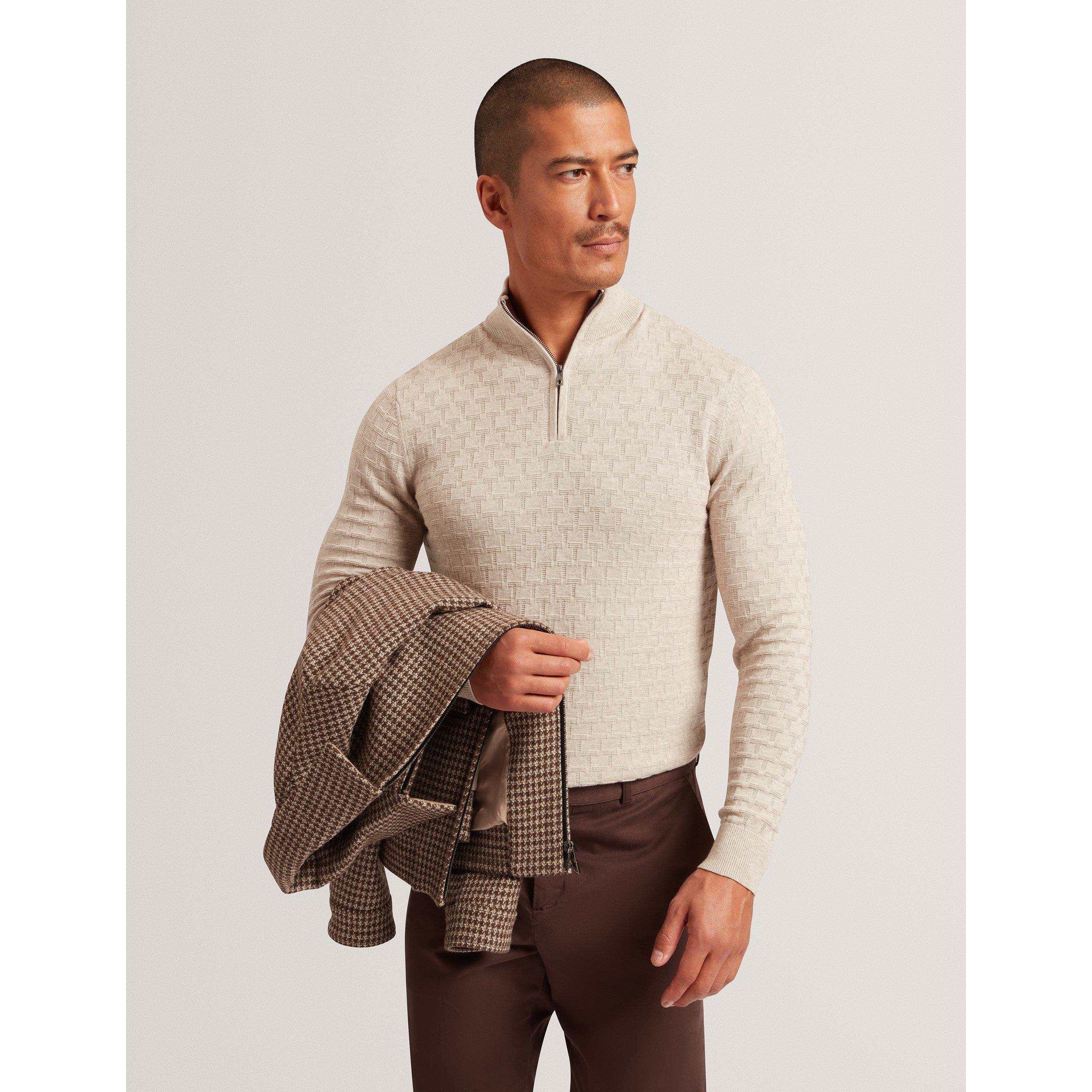 Natural - Ted Baker - Men's Stitch Half Zip Knitted Top - 2