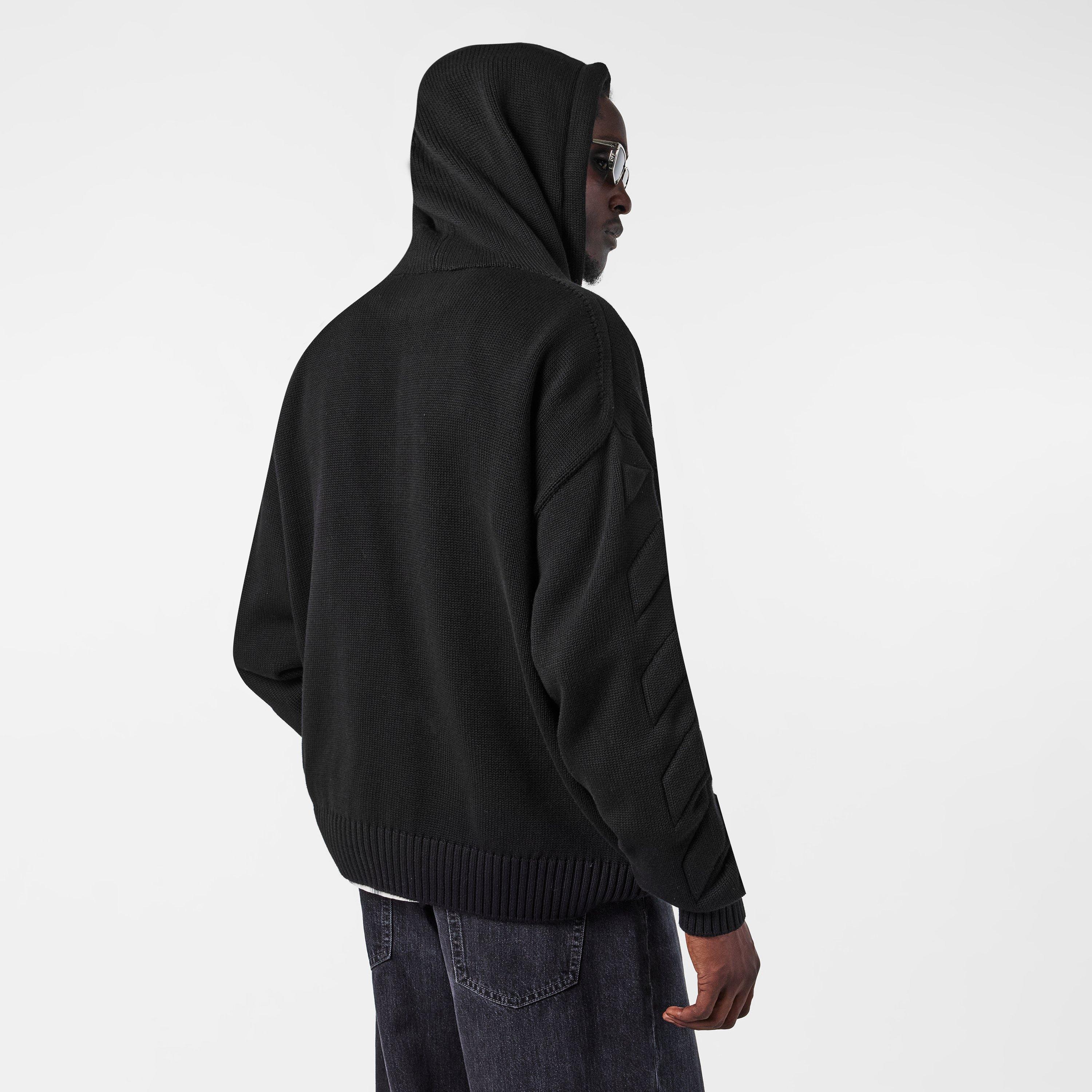 Black - Off White - Men's Knitted Hoodie, Fabric Style - 4