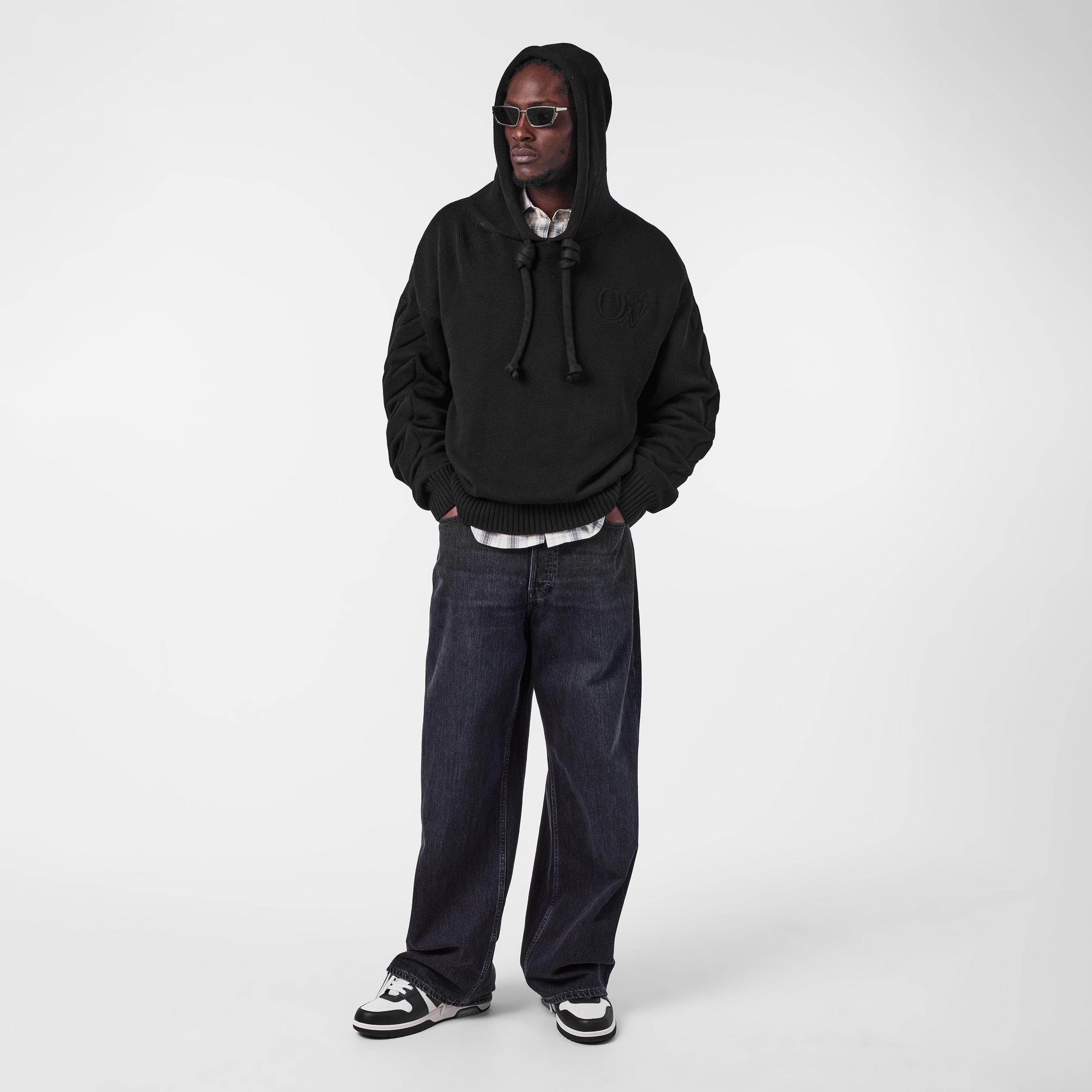 Black - Off White - Men's Knitted Hoodie, Fabric Style - 6