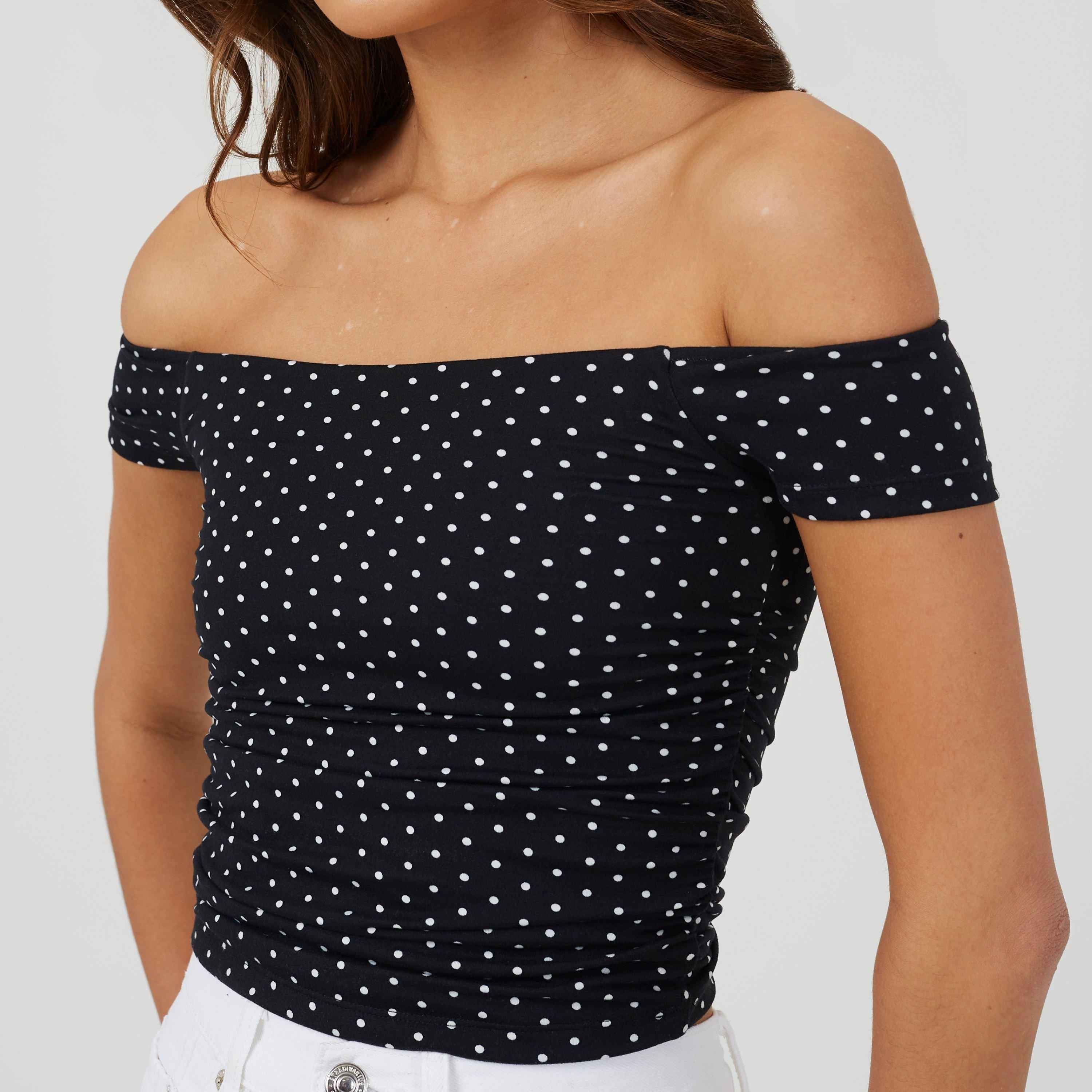 Nero/Bianco - Brave Soul - BS Womens Polka Dot Bardot Neck Jersey Top - 3