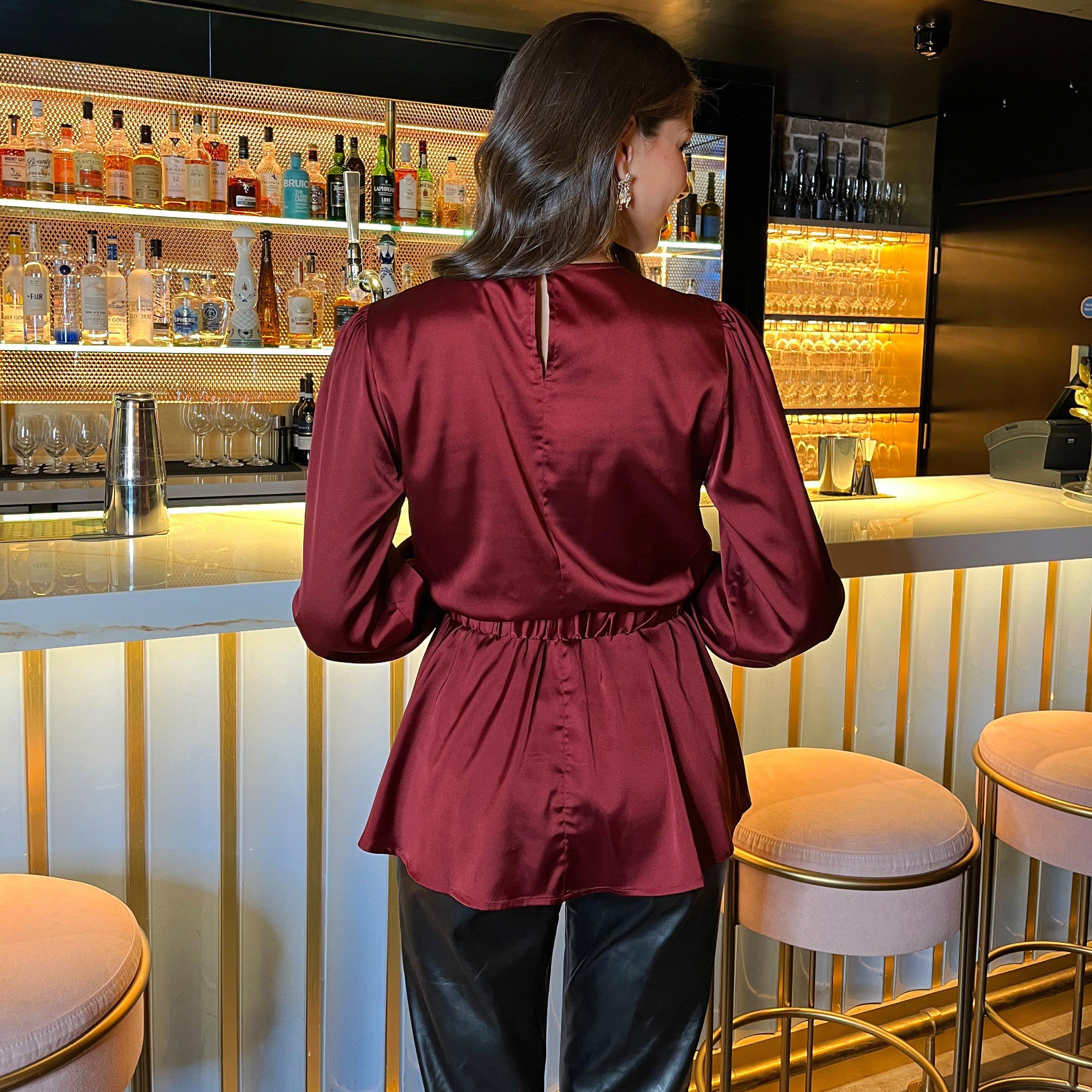 Wine - AX Paris - Satin Long Sleeve Gold Detail Belt Top - 2