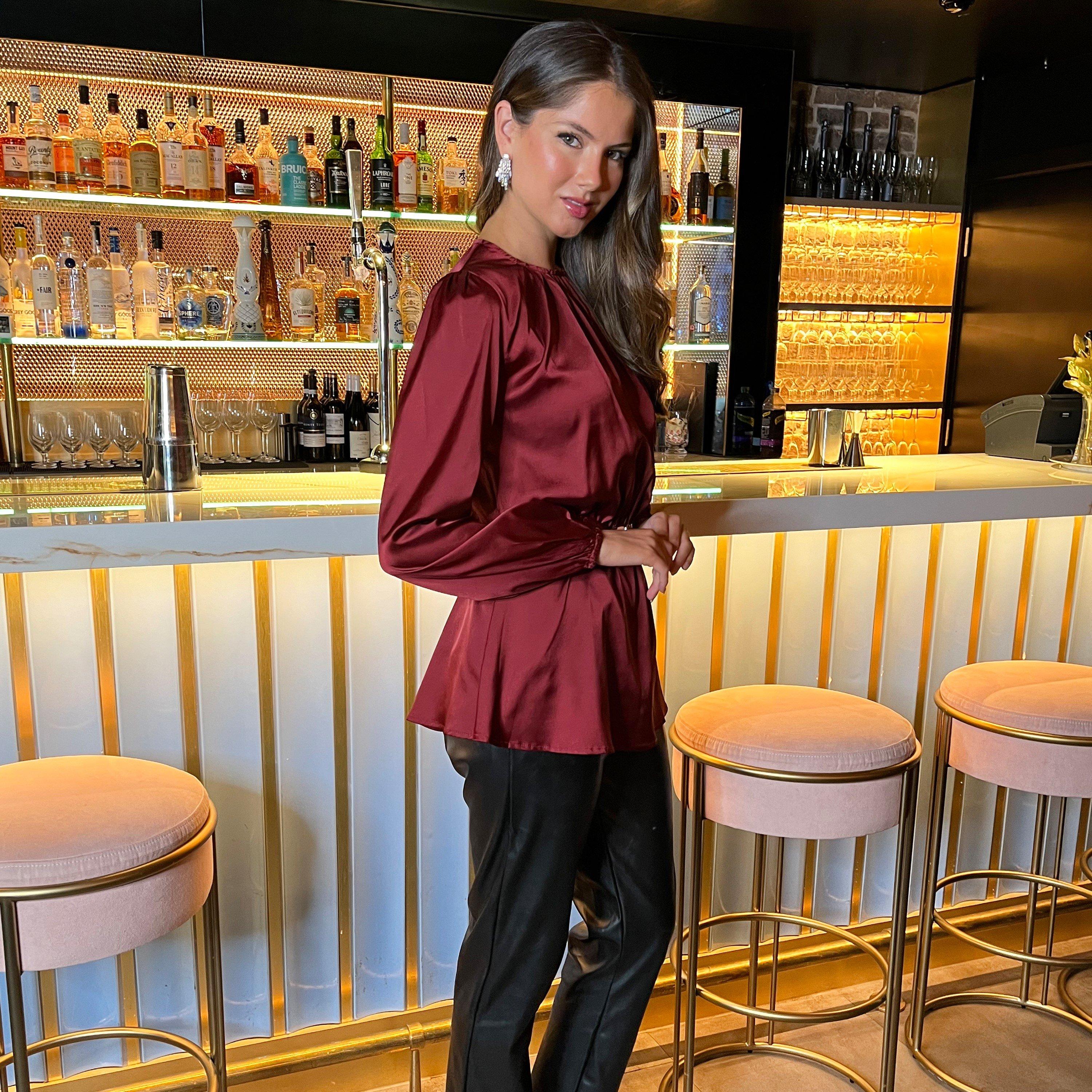 Wine - AX Paris - Satin Long Sleeve Gold Detail Belt Top - 4