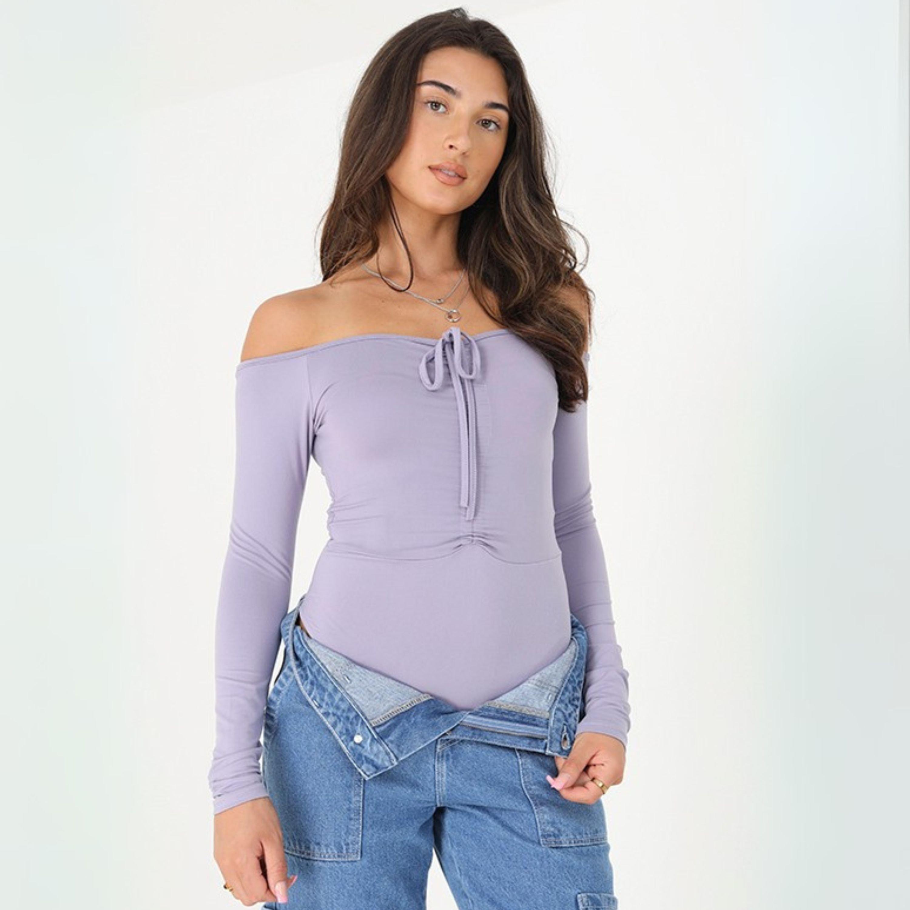 Lilac - Brave Soul - Sleeve Bodysuit with Ruched Detail - 3