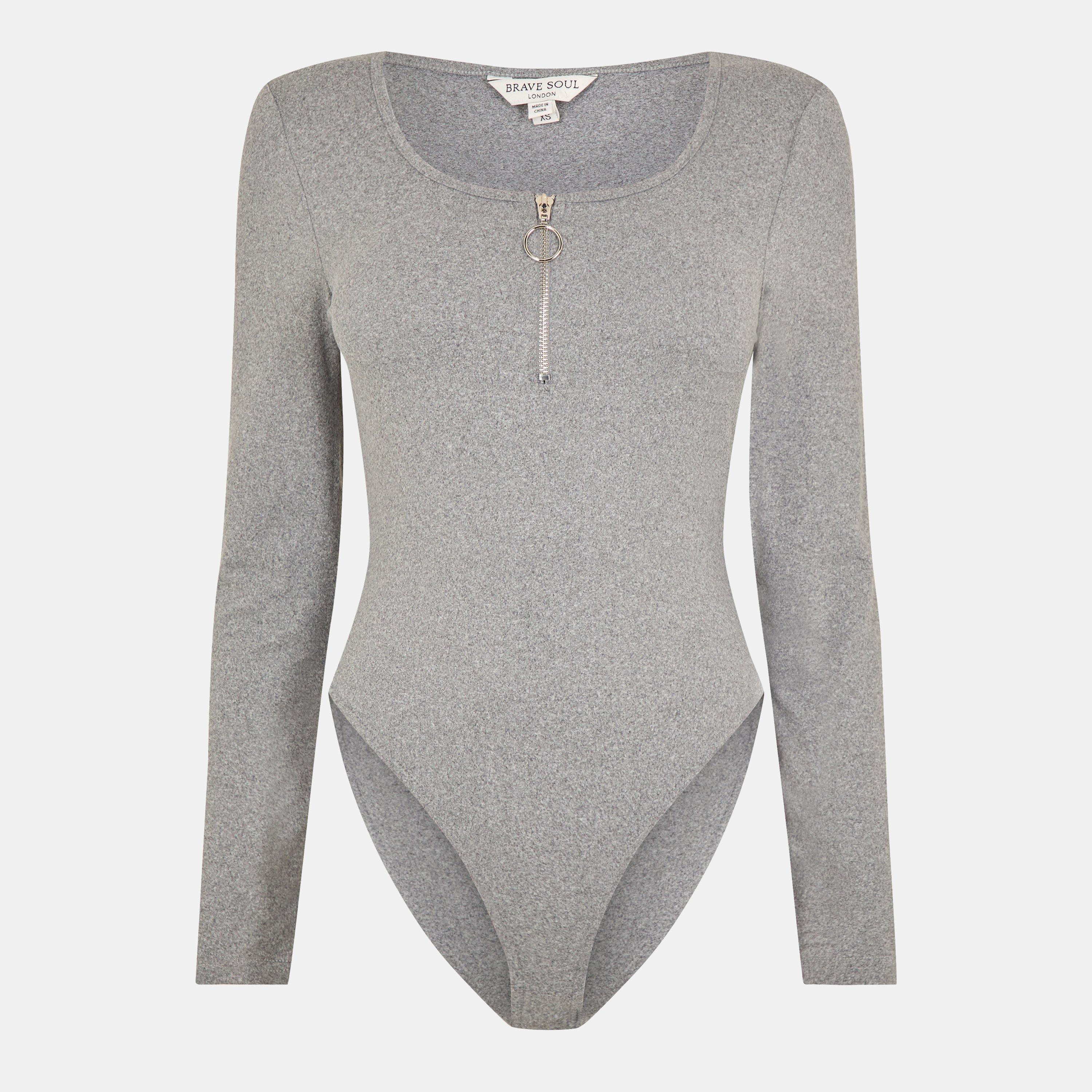 Grey Marl - Brave Soul - Womens Long Sleeve Bodysuit with Quarter Zip - 1