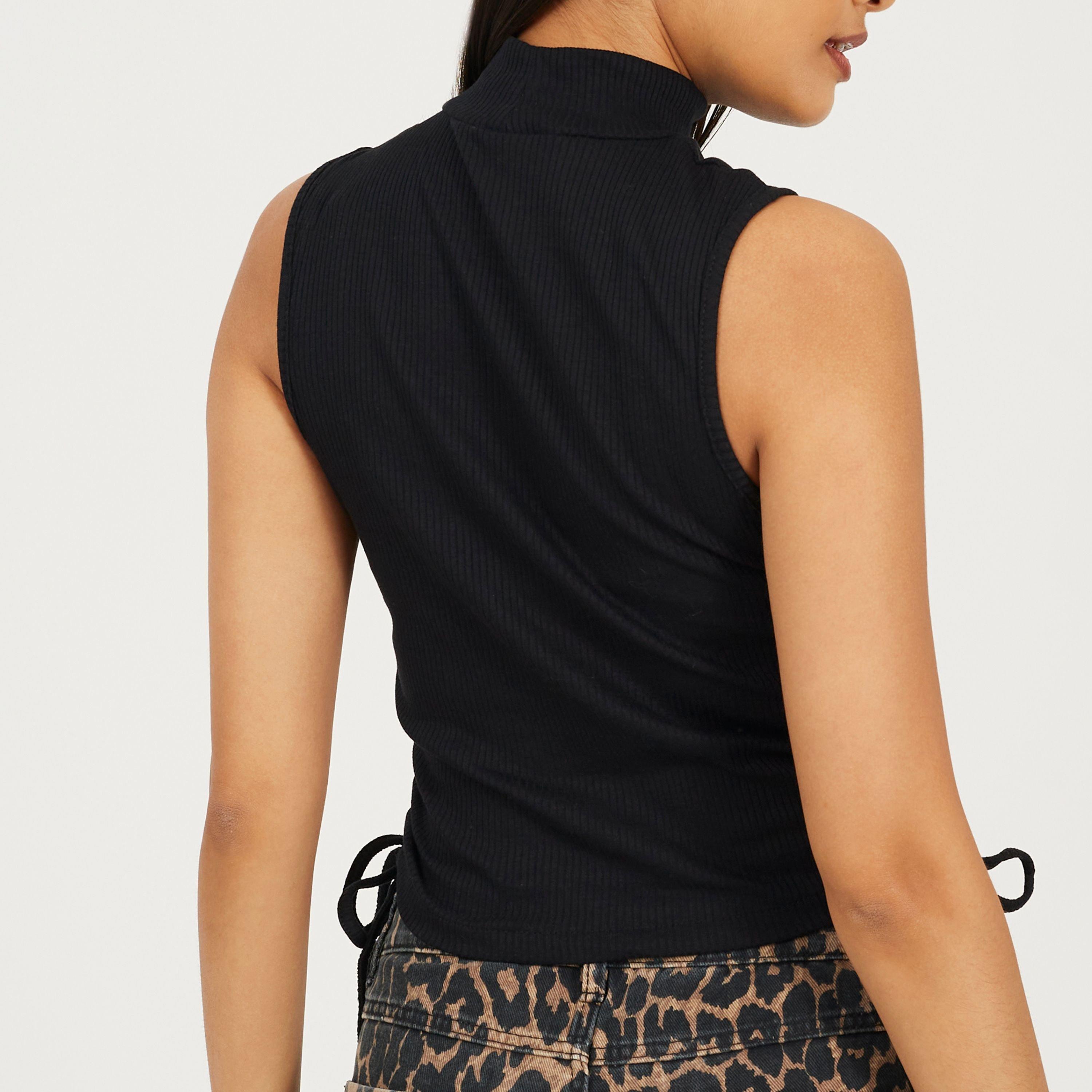 Black - Brave Soul - Womens Sleeveless High Neck Top with Drawstring Side Detail. - 2