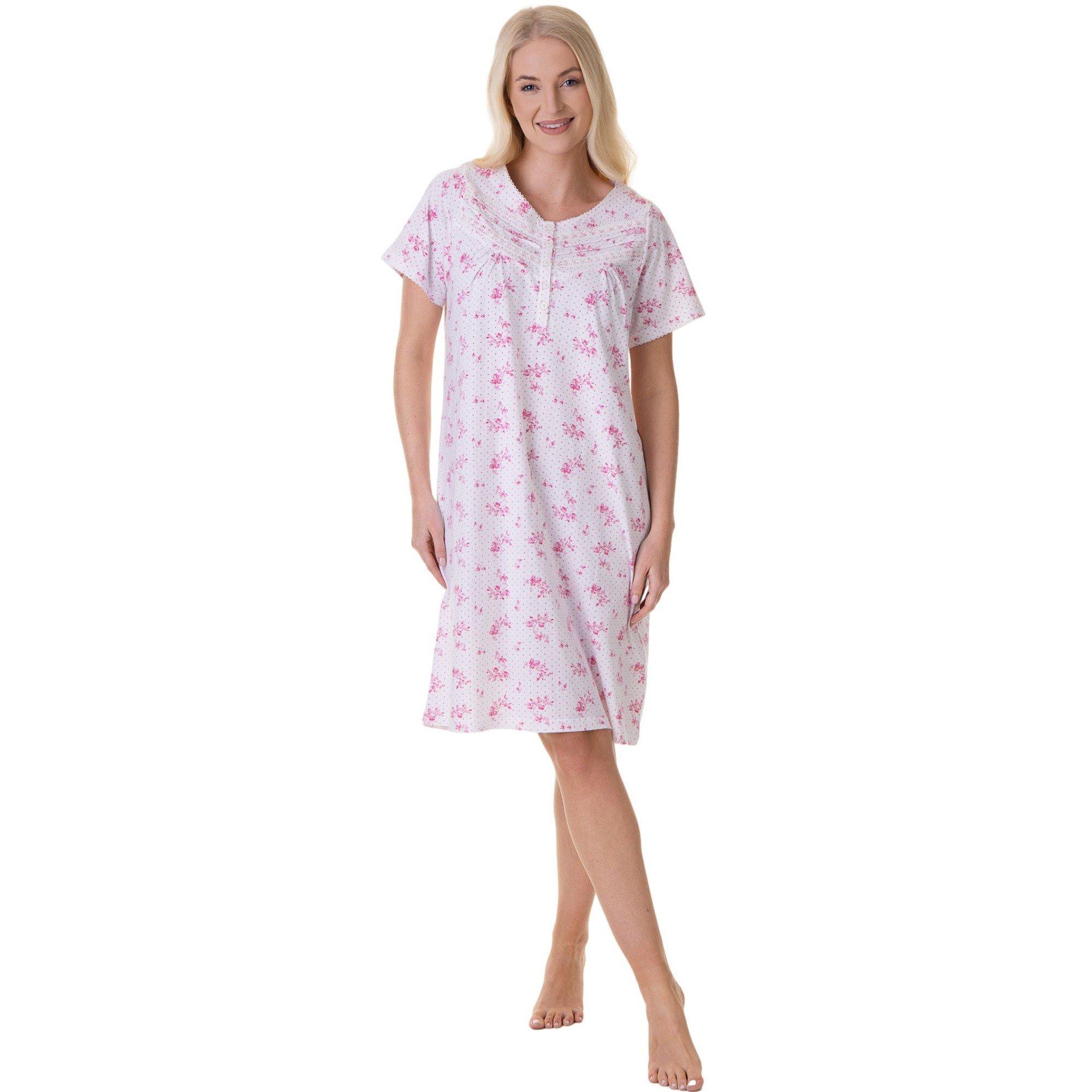 Camille Women's Cotton Luxury Porcelain Floral Short Sleeve Nightdress - Pink - 10-12