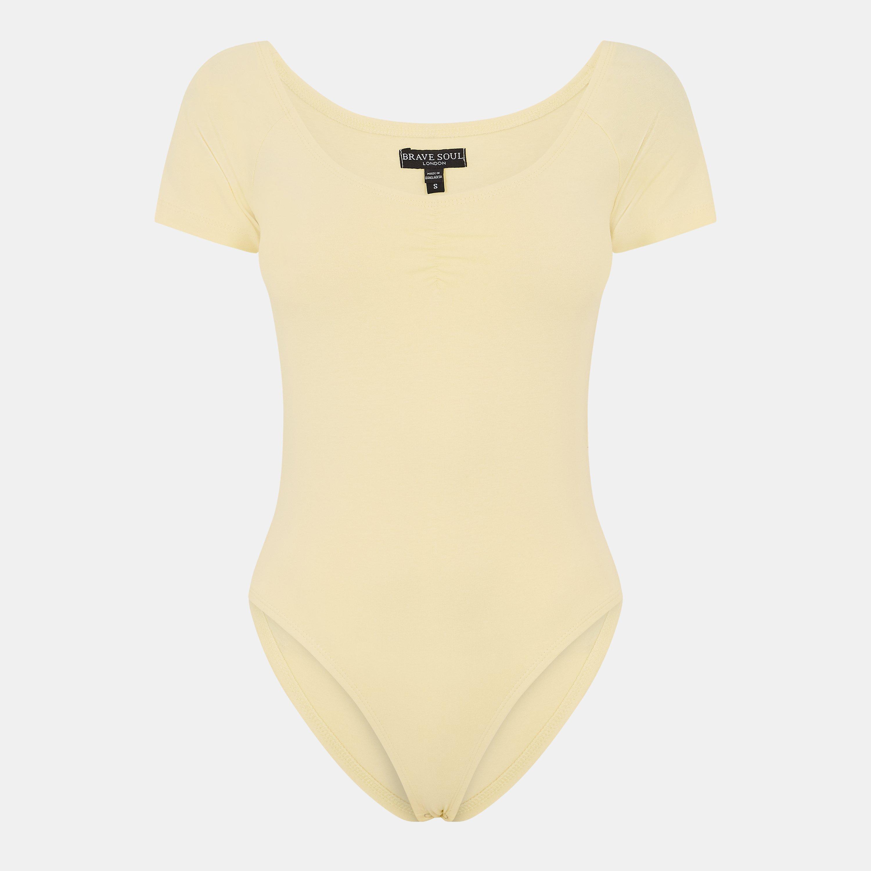 Brave Soul Women's Pastel T-Shirt Bodysuit With Gathering Detail - Lemonade - 10 (S)