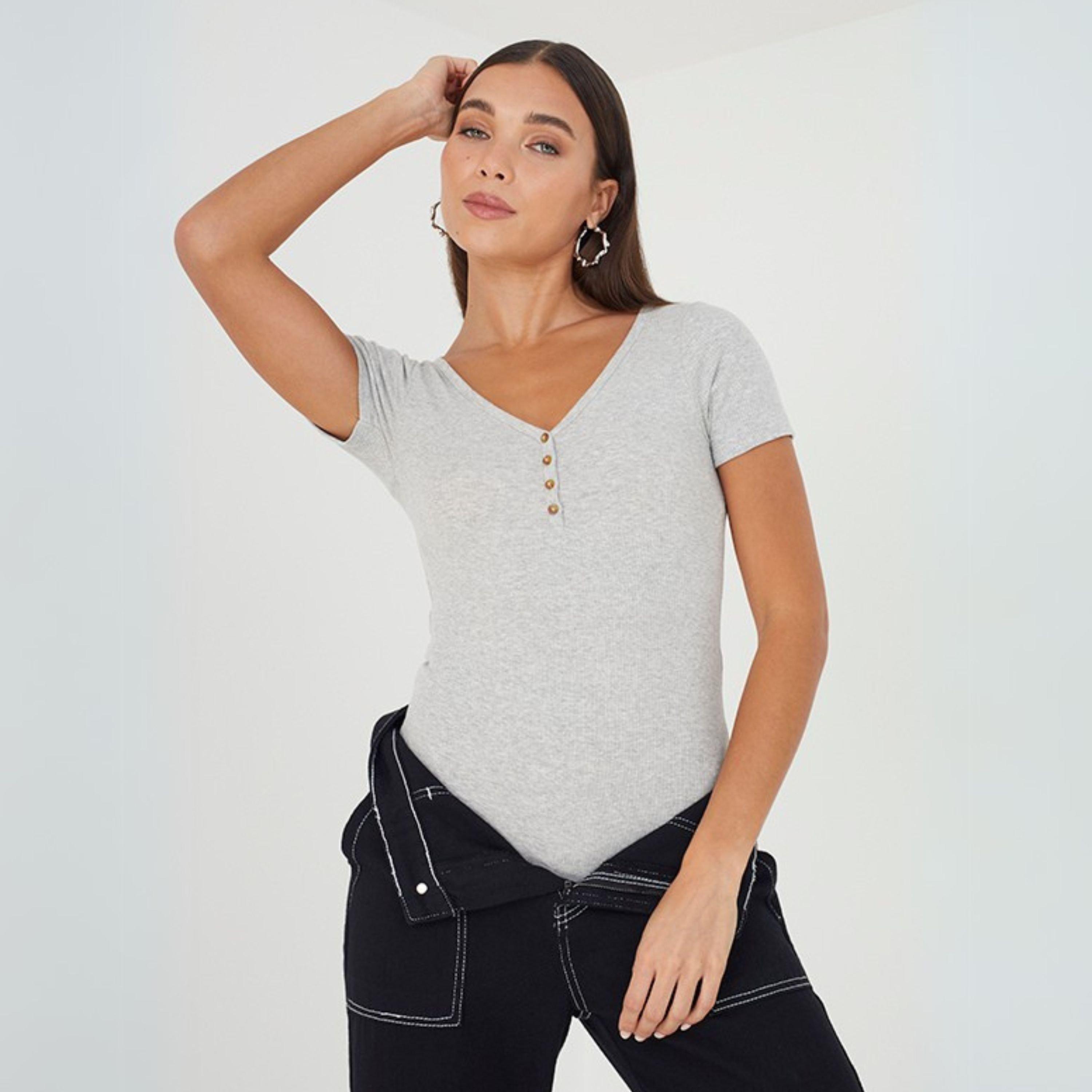 Grey Marl - Brave Soul - Bodysuit with Buttons - 3