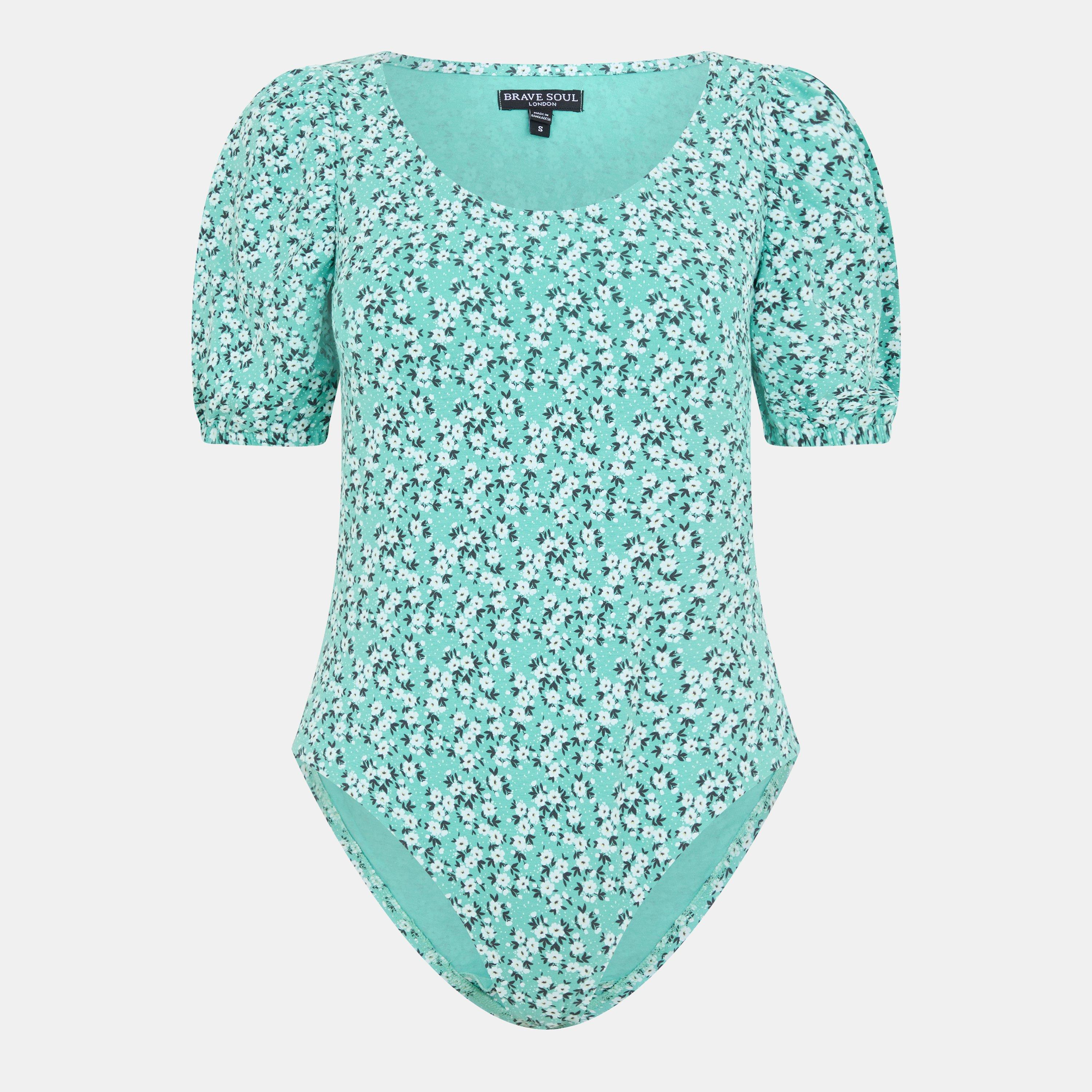 Grn Dtsy Flrl - Brave Soul - Womens Ditsy Floral Puff Sleeve Bodysuit - 1