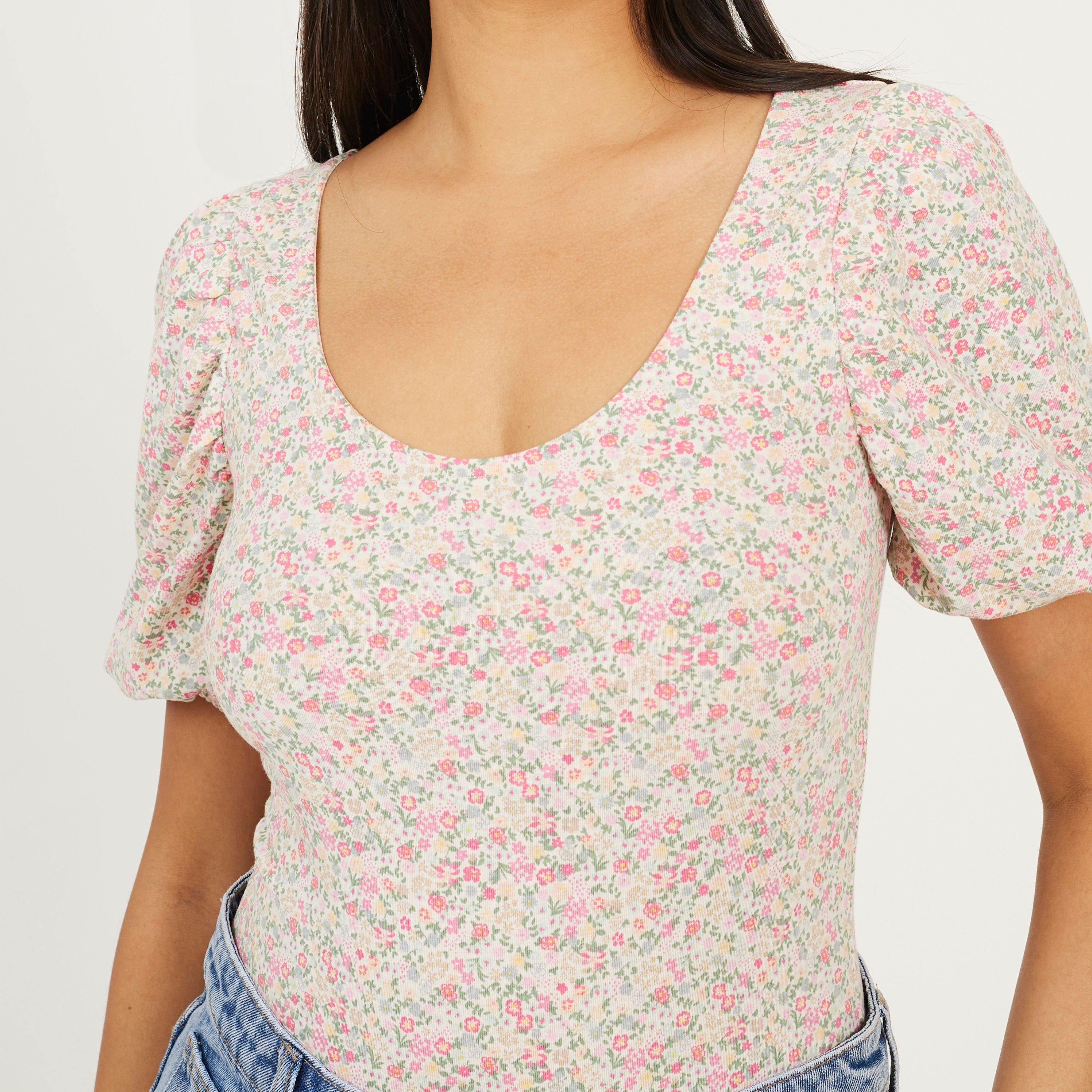 White Dtsy Flrl - Brave Soul - Floral Puff Sleeve Bodysuit - 3