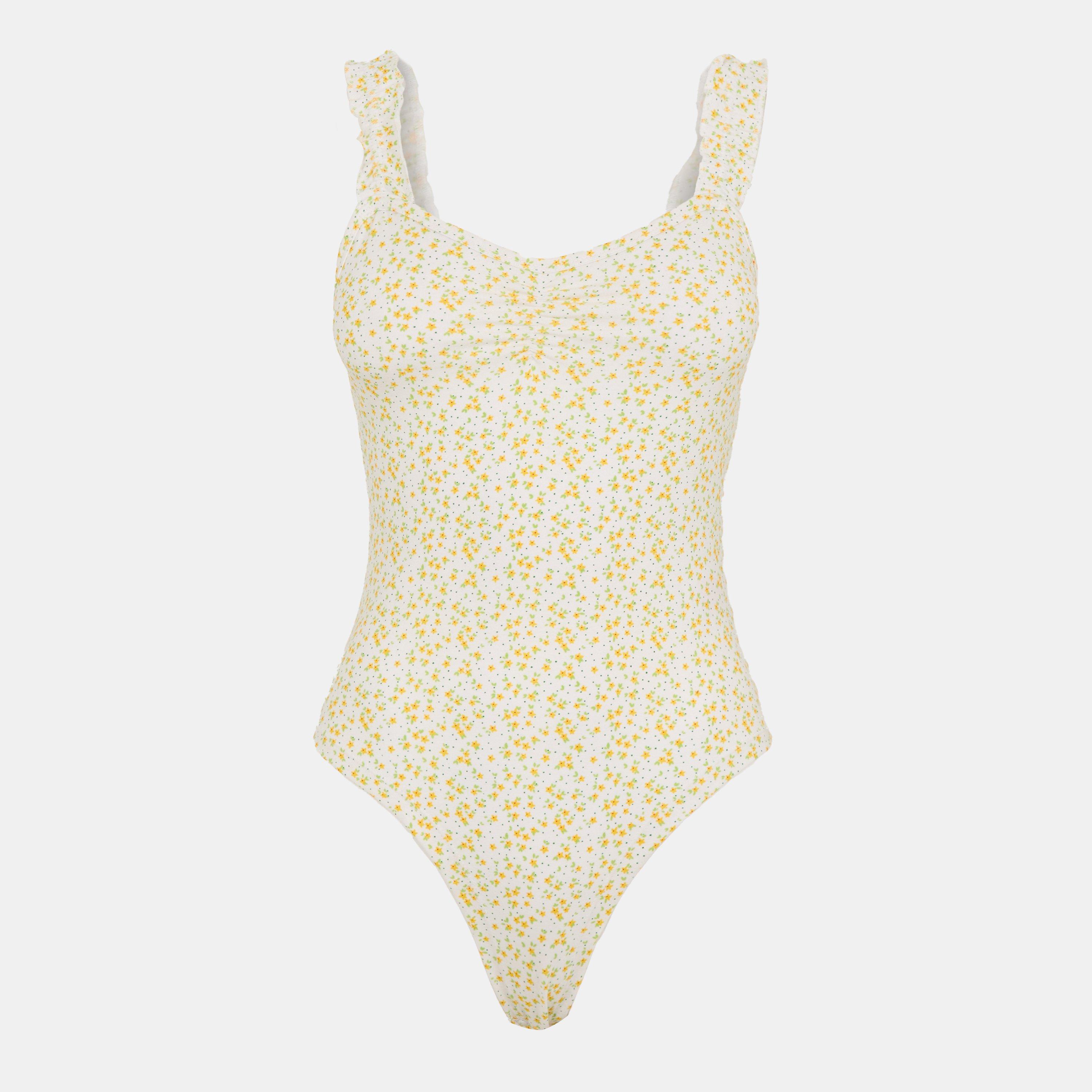 White Dtsy Flrl - Brave Soul - Floral Lettuce Hem Strap Bodysuit - 1