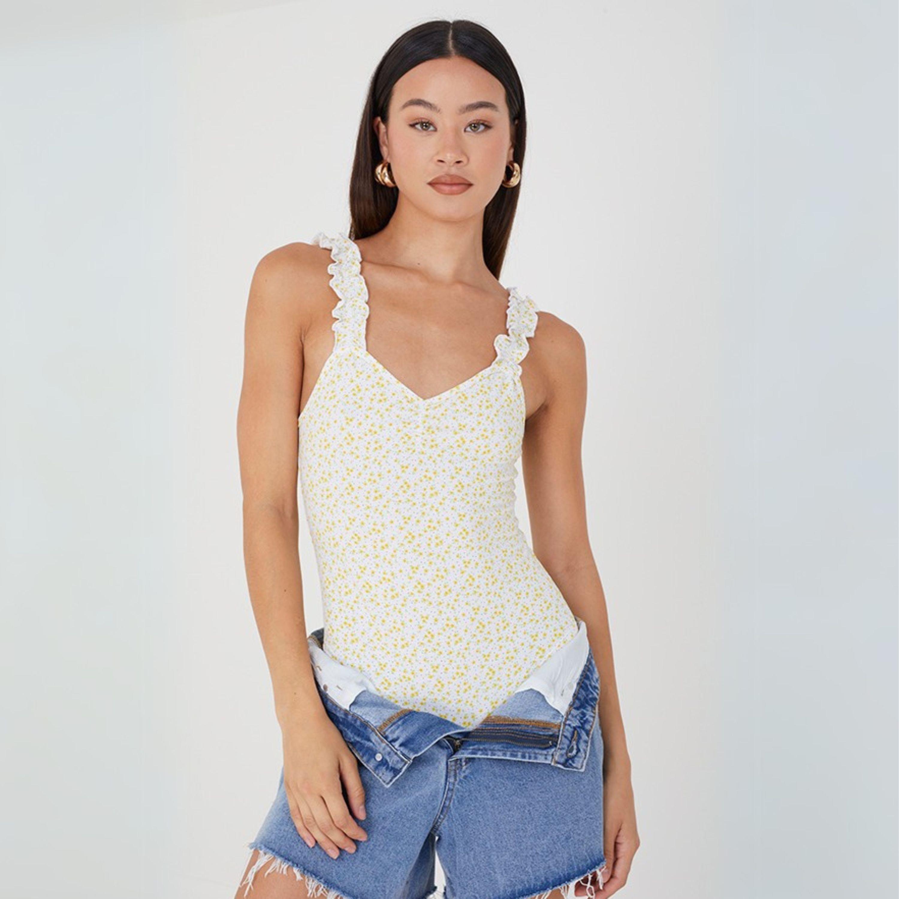 White Dtsy Flrl - Brave Soul - Lettuce Hem Strap Bodysuit - 3