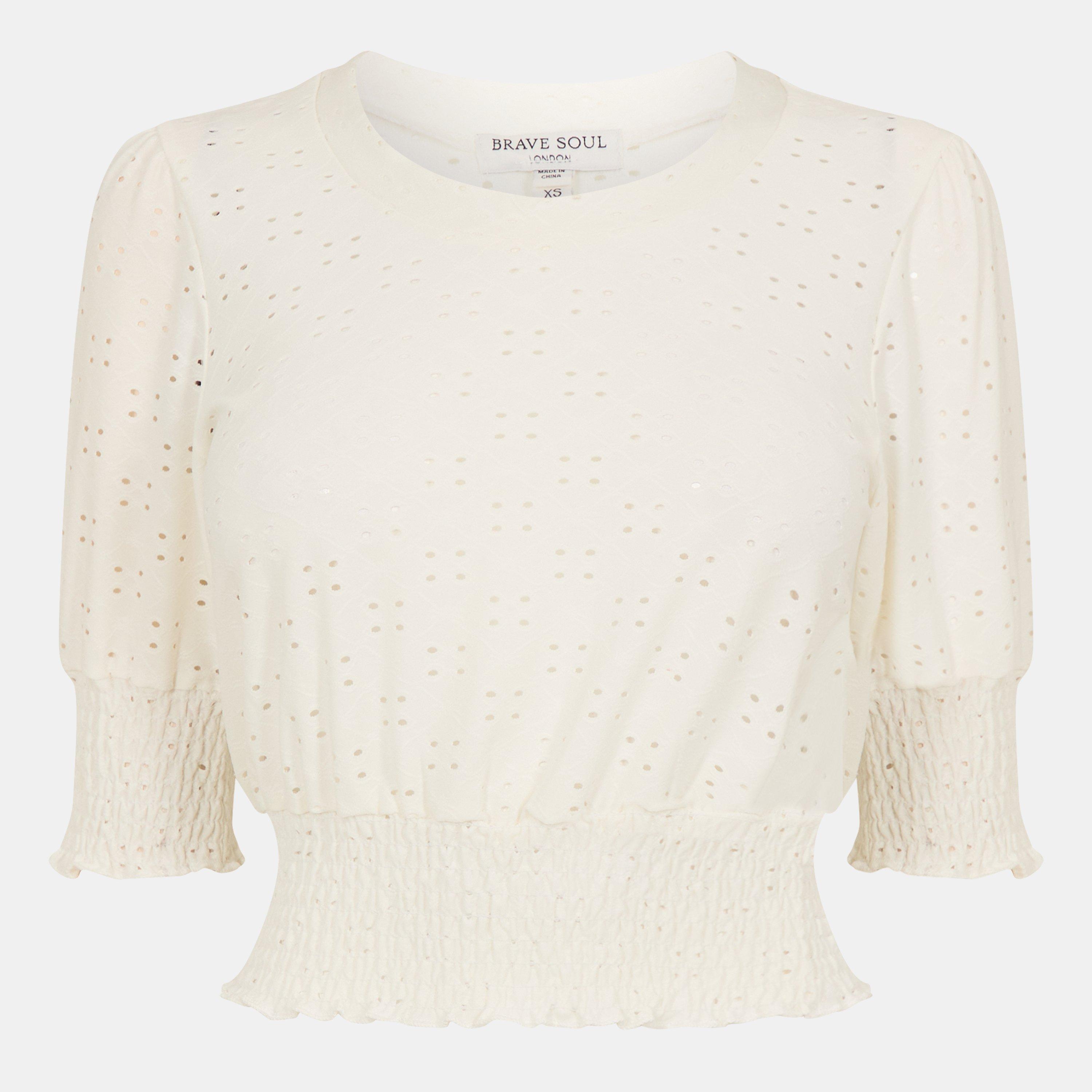 Womens Broderie Top with Shirred Sleeves