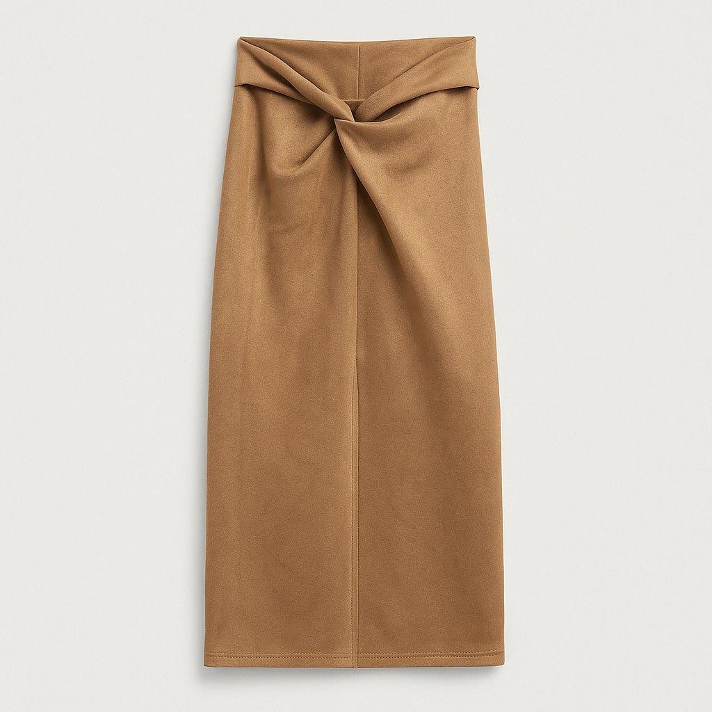 Brown - I Saw It First - Faux Suede Knot Detail Midi Skirt - 1
