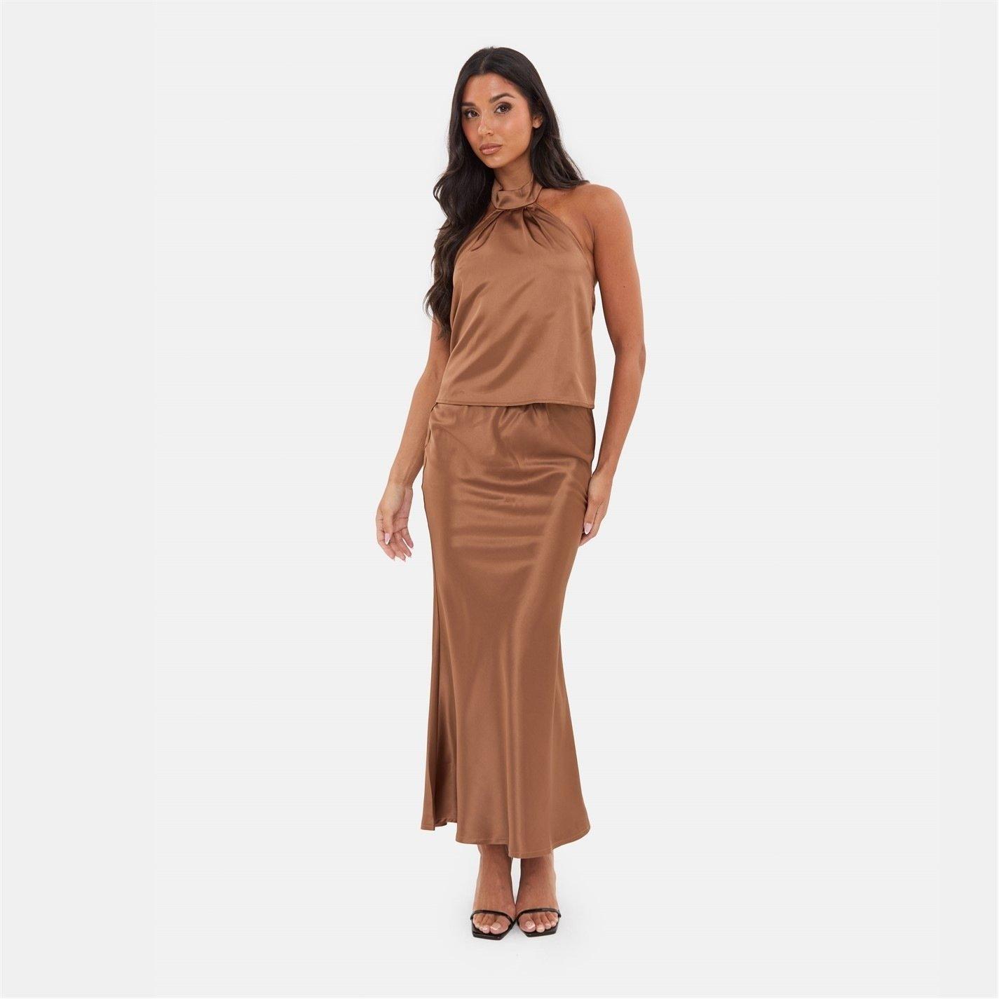 Brown - I Saw It First - Satin Bias Cut Maxi Skirt - 1