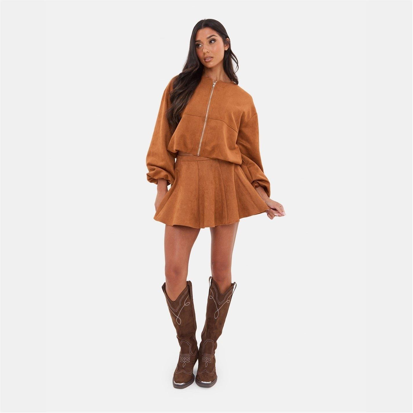 Tan - I Saw It First - Faux Suede Skater Skirt - 1