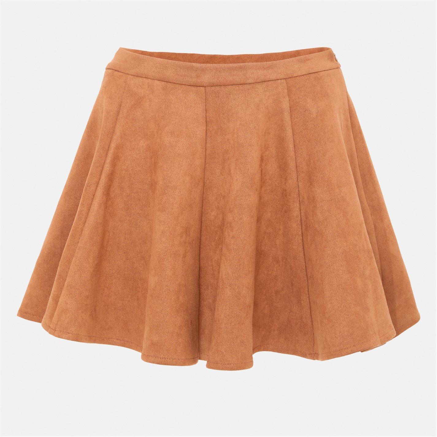 Tan - I Saw It First - Faux Suede Skater Skirt - 2