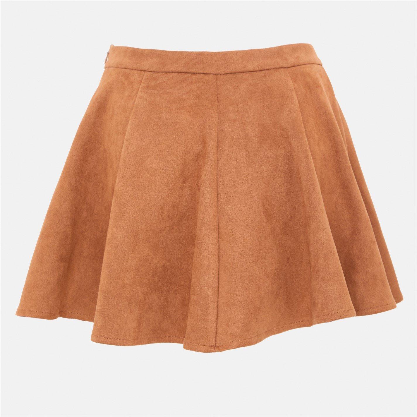 Tan - I Saw It First - Faux Suede Skater Skirt - 3