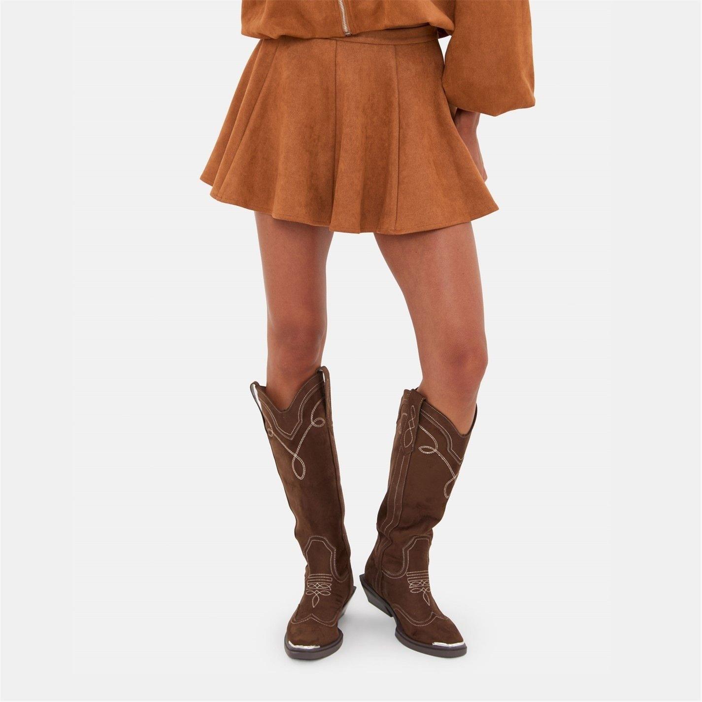 Tan - I Saw It First - Faux Suede Skater Skirt - 4