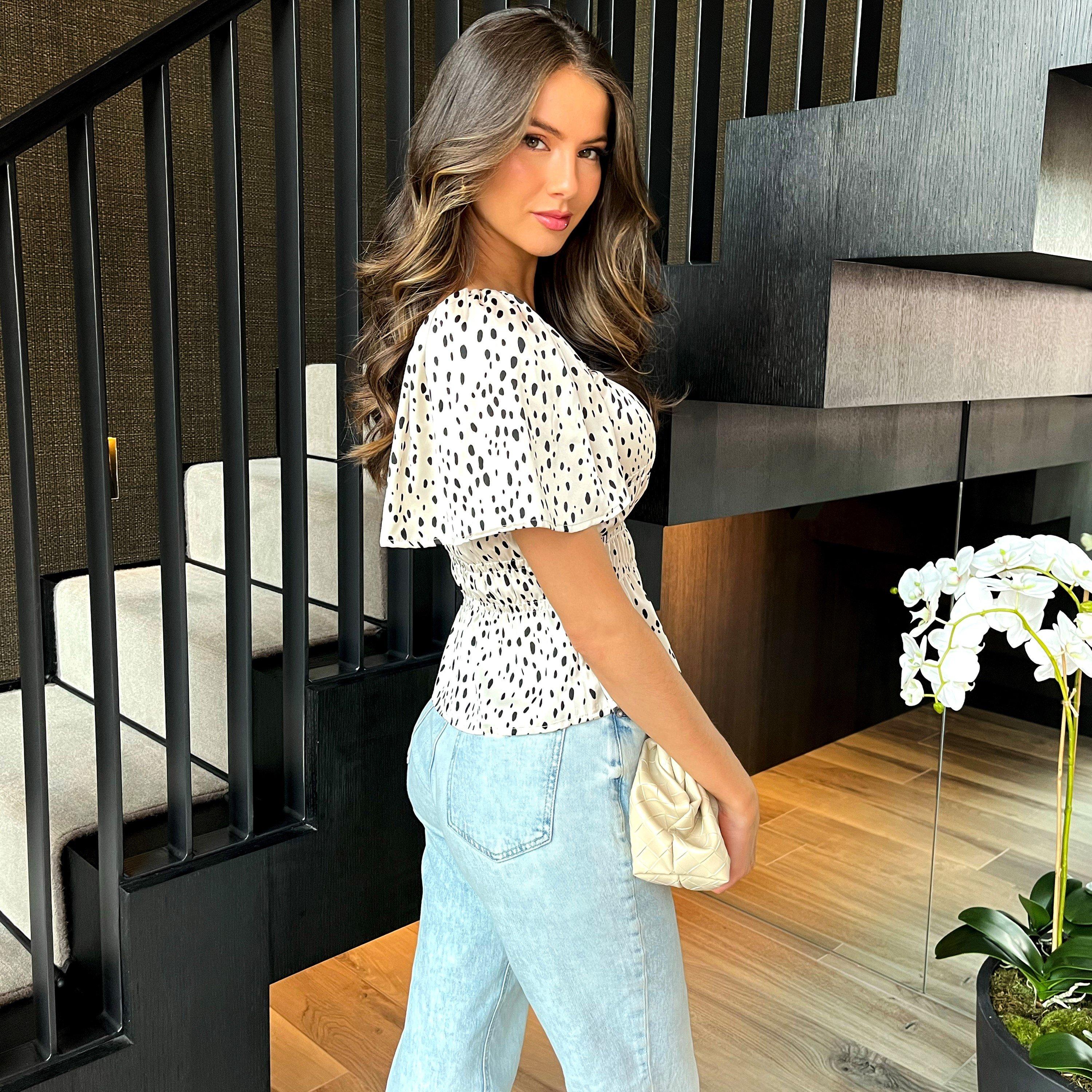 Cream - AX Paris - Spot Printed Flutter Sleeve Shirred Waist Top - 4