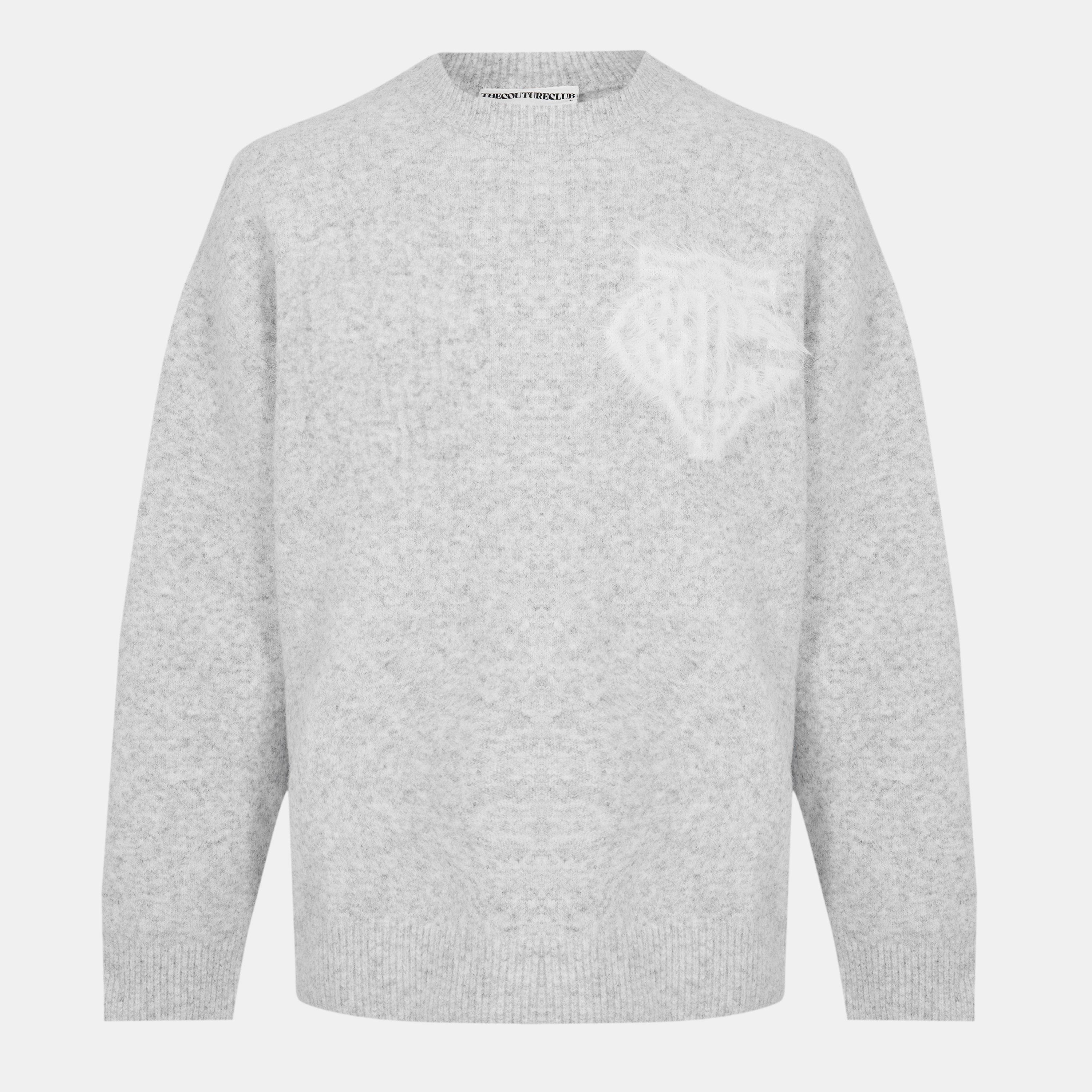The Couture Club Mens Fluffy Knit Crew Sweater - Grey - Large