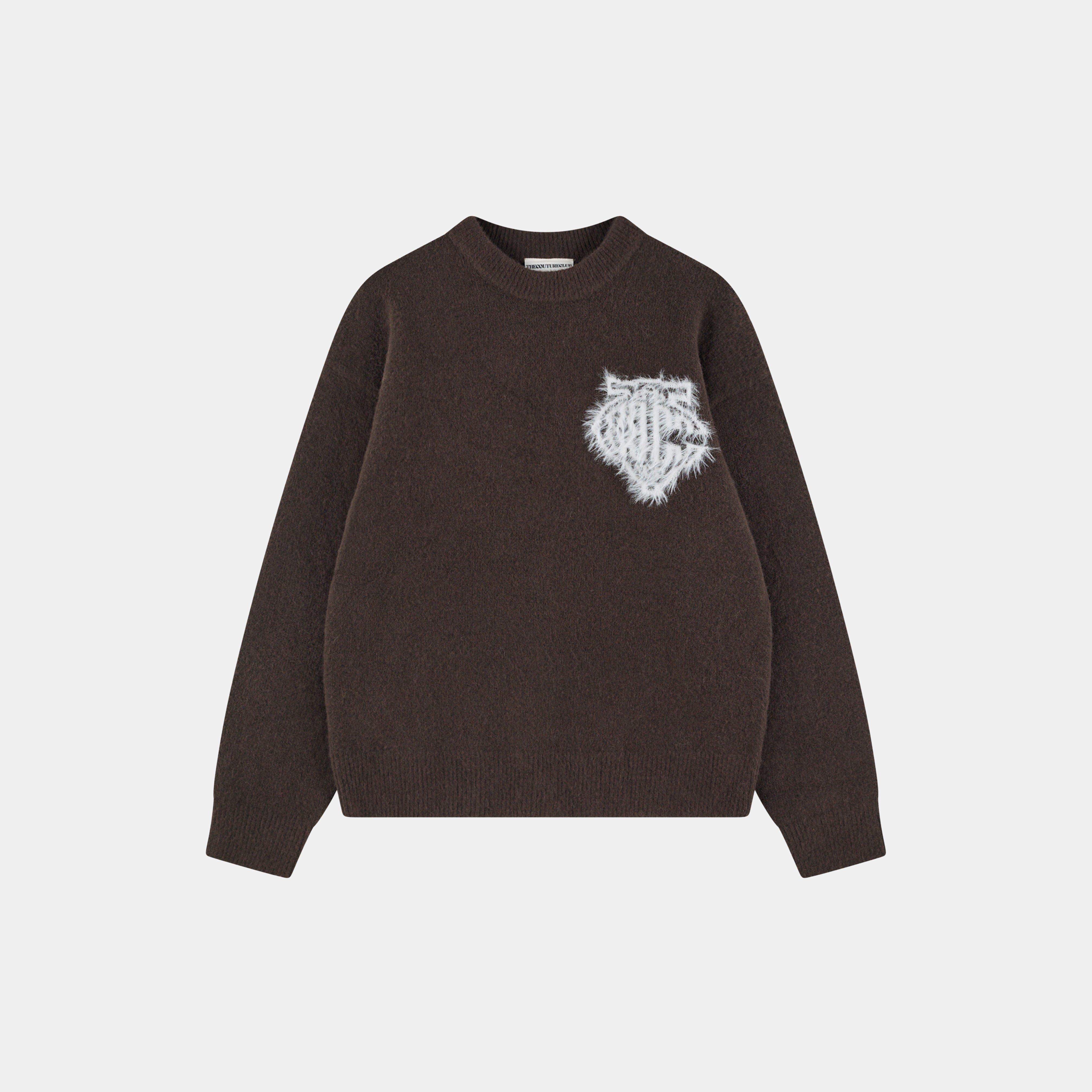 The Couture Club Mens Fluffy Knit Crew Sweater - Brown - Large
