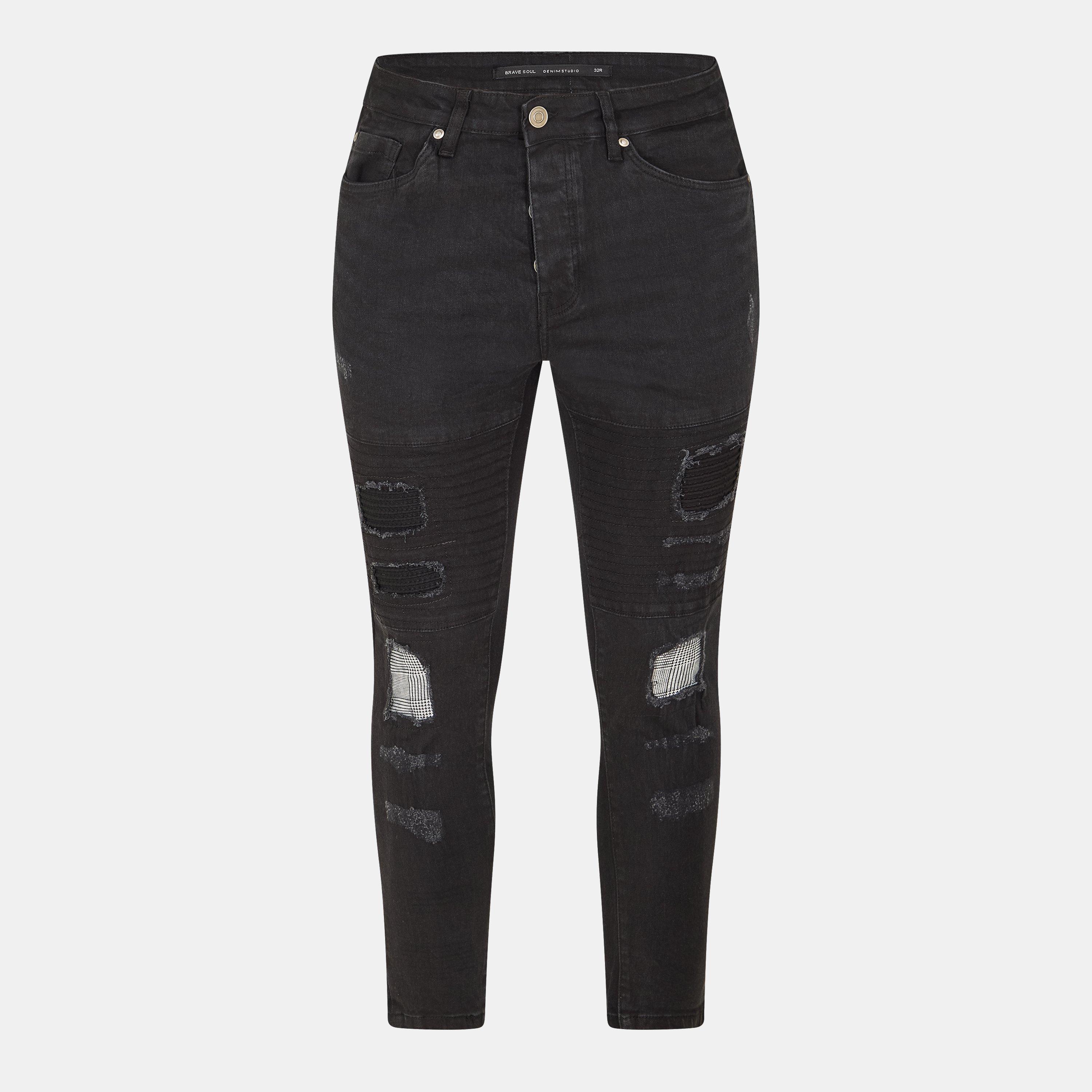Charcoal - Brave Soul - Mens Charcoal Wash Biker Jean with Cut Out Knees - 1