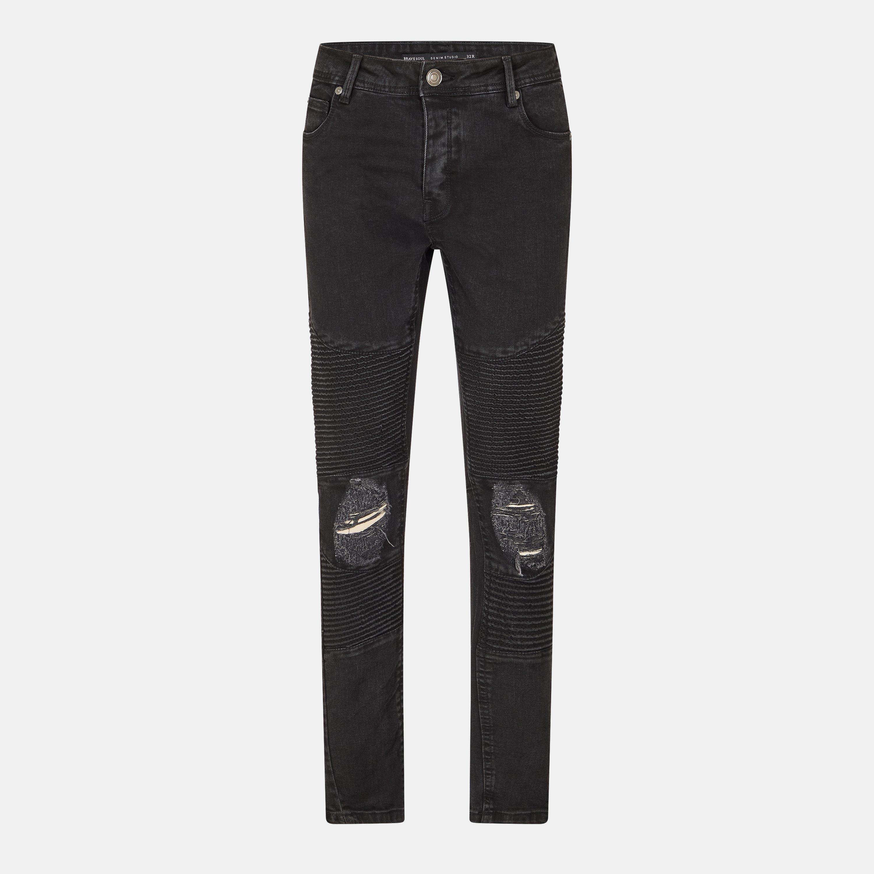 Carvão - Brave Soul - Mens Charcoal Wash Biker Jeans with Stitch Detail - 1