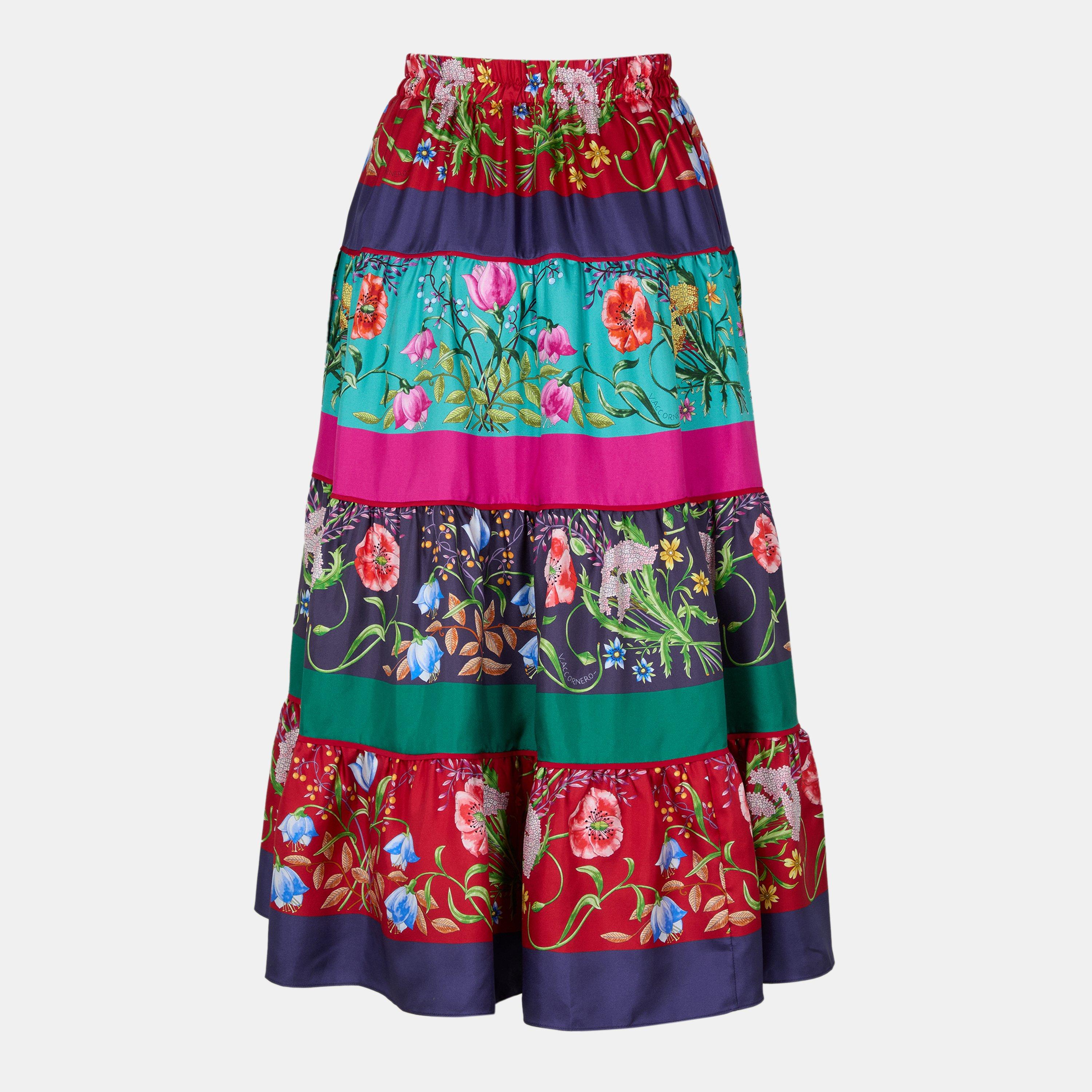 Red/Night Bl/Mc - Gucci - Women's Floral Print Silk Maxi Skirt - 2