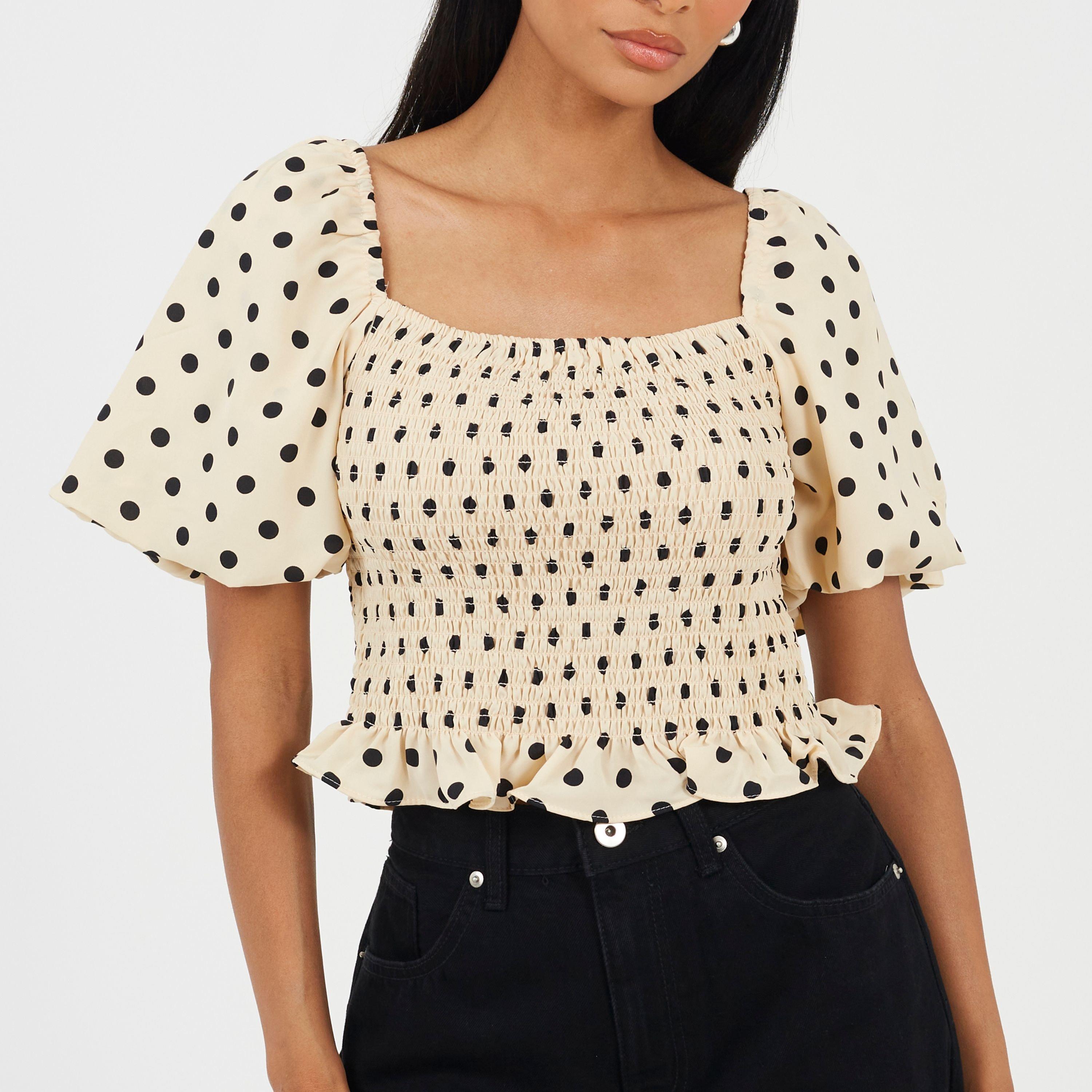 Cream/Black - Brave Soul - Womens Puff Sleeve Shirred Bust Polka Dot Top - 1