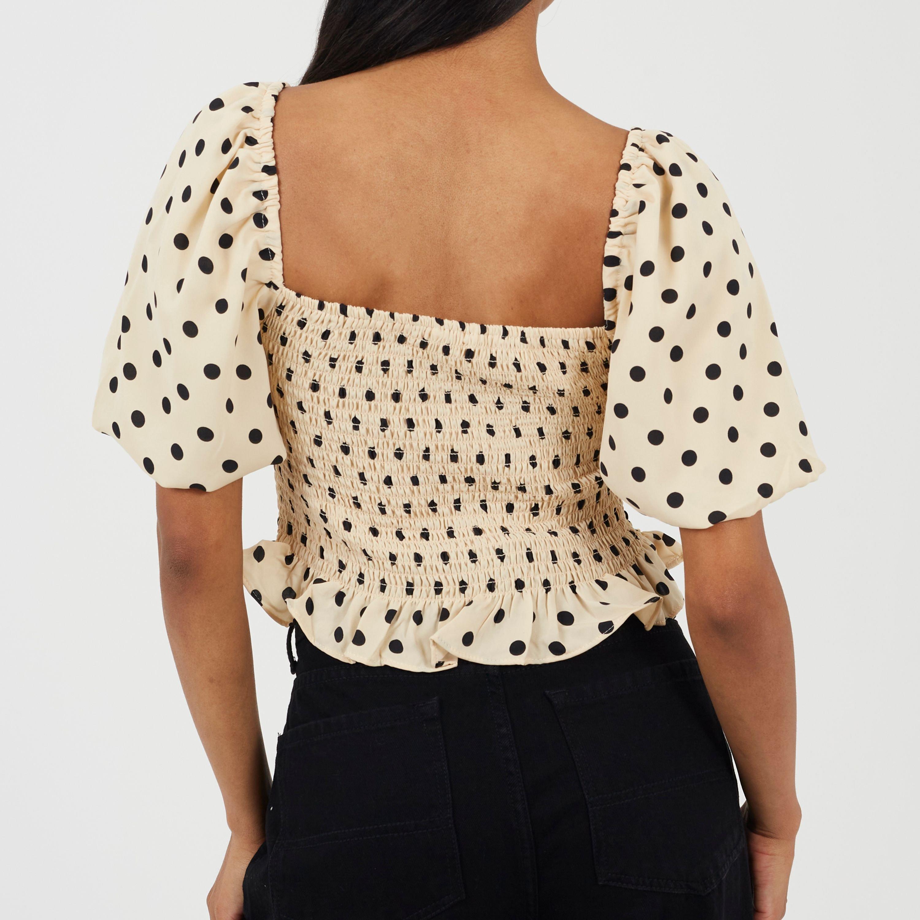 Cream/Black - Brave Soul - Womens Puff Sleeve Shirred Bust Polka Dot Top - 2