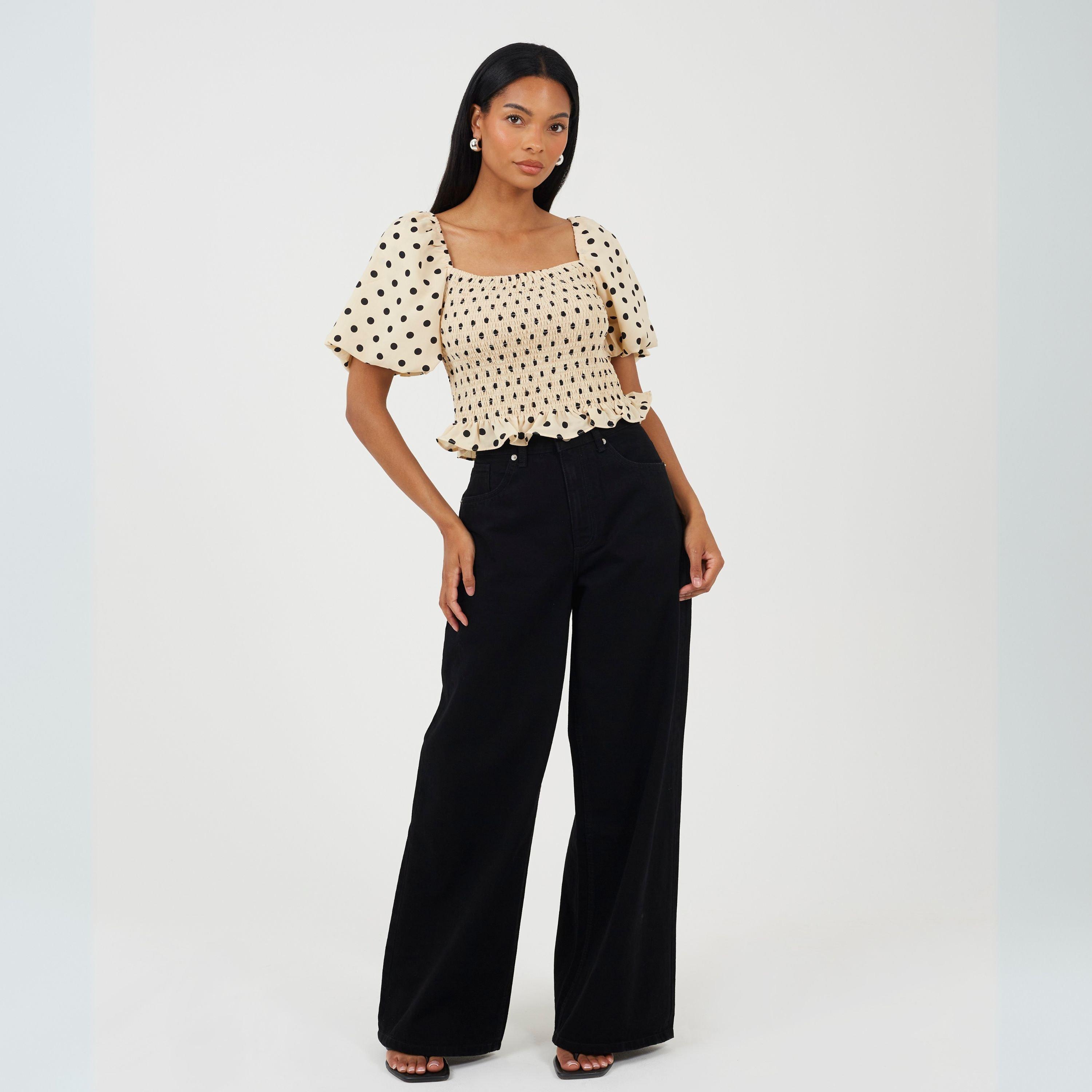 Cream/Black - Brave Soul - Womens Puff Sleeve Shirred Bust Polka Dot Top - 4